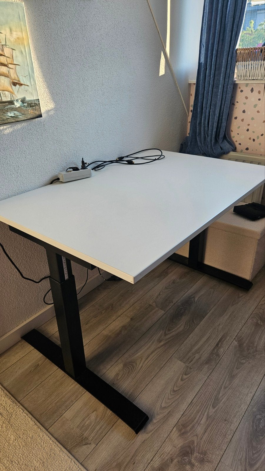 140x80 Handmatig Verstelbaar Bureau - Wit/Zwart, Zit-sta bureau, Gebruikt, Spaanplaat of MDF, In hoogte verstelbaar