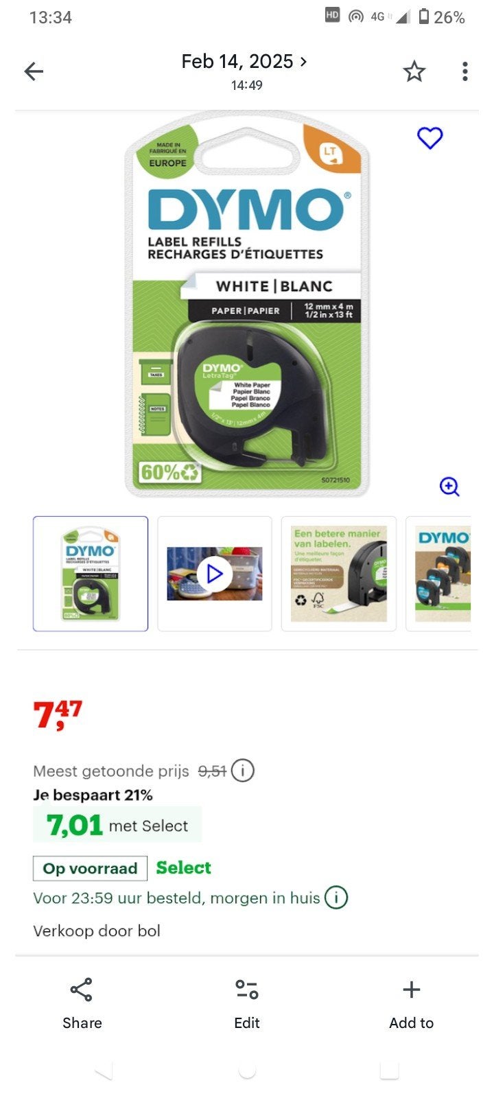 Dymo LetraTag Papieren Labels Wit 12mm x 4m, Ophalen of Verzenden, Nieuw, Etiket, Dymo