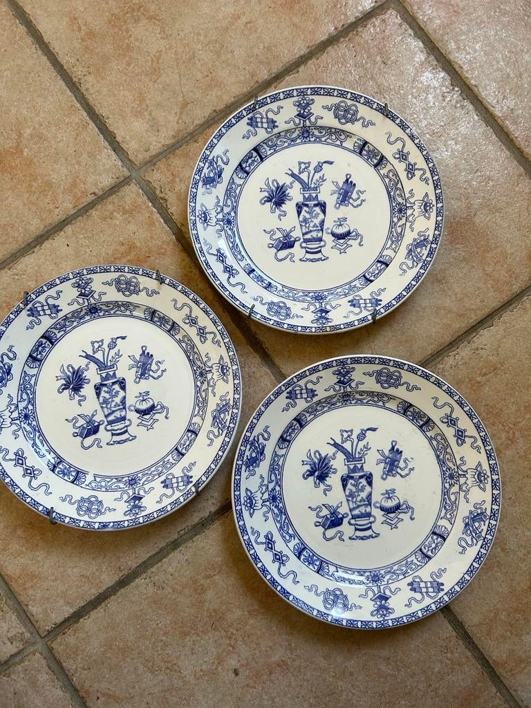 Set van 3 Delfts Blauwe Borden met Oosters Patroon, Antiek en Kunst, Ophalen
