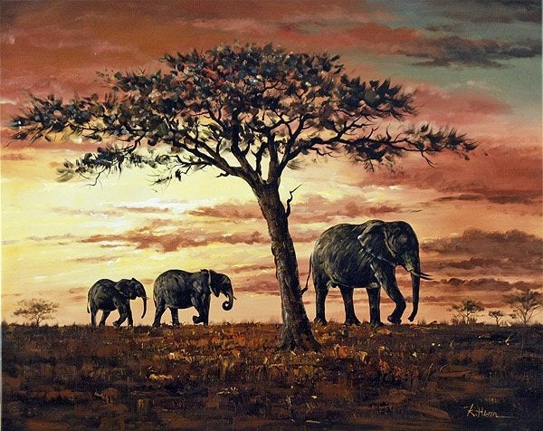 Elephant Family van R. Henn – handgeschilderd schilderij, Ophalen, Gesigneerd, Acrylverf, Dieren