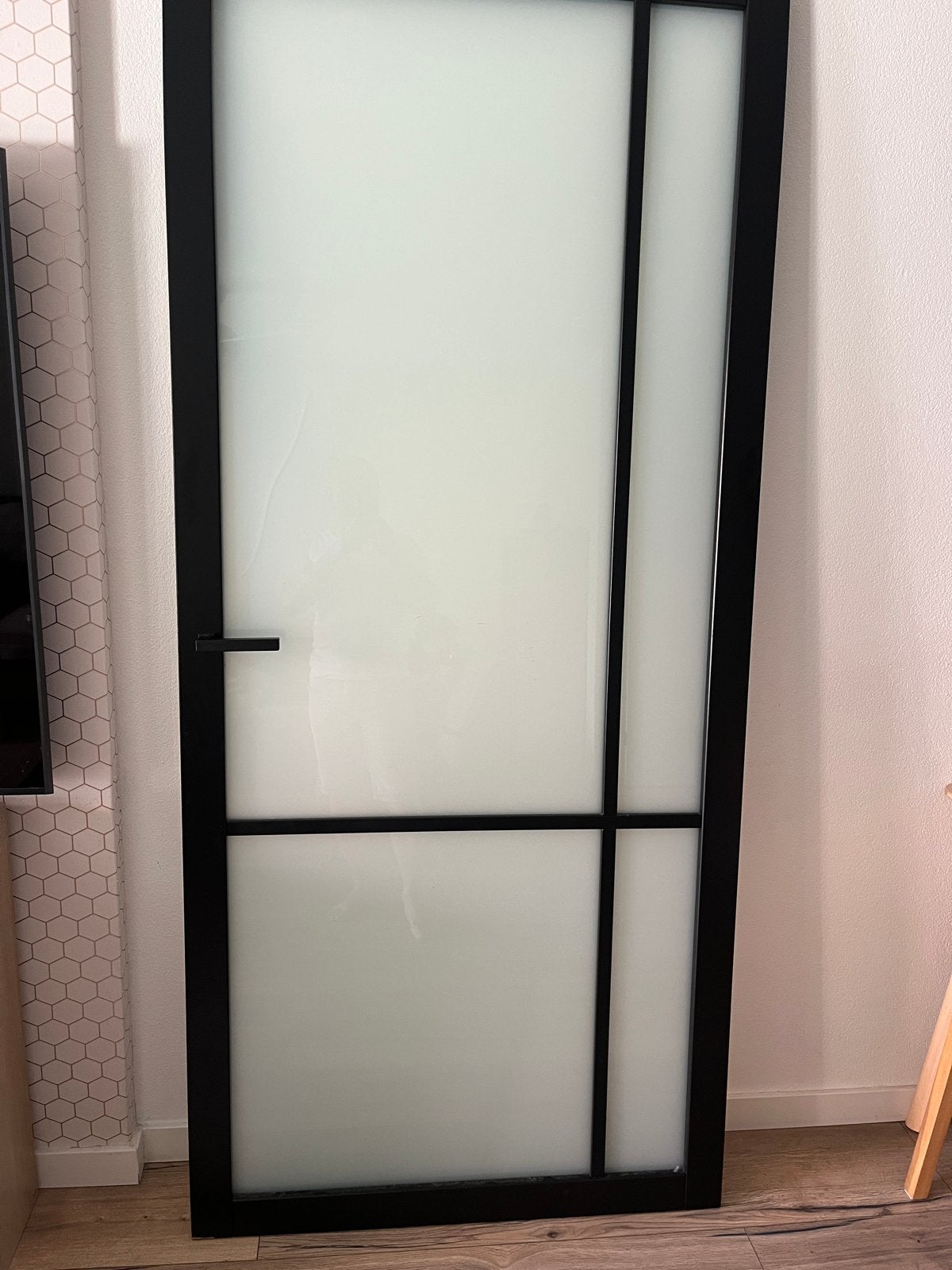 Steellook Opdekdeur met schade 93x211,5 melkglas, Ophalen, Gebruikt, 80 tot 100 cm, Binnendeur