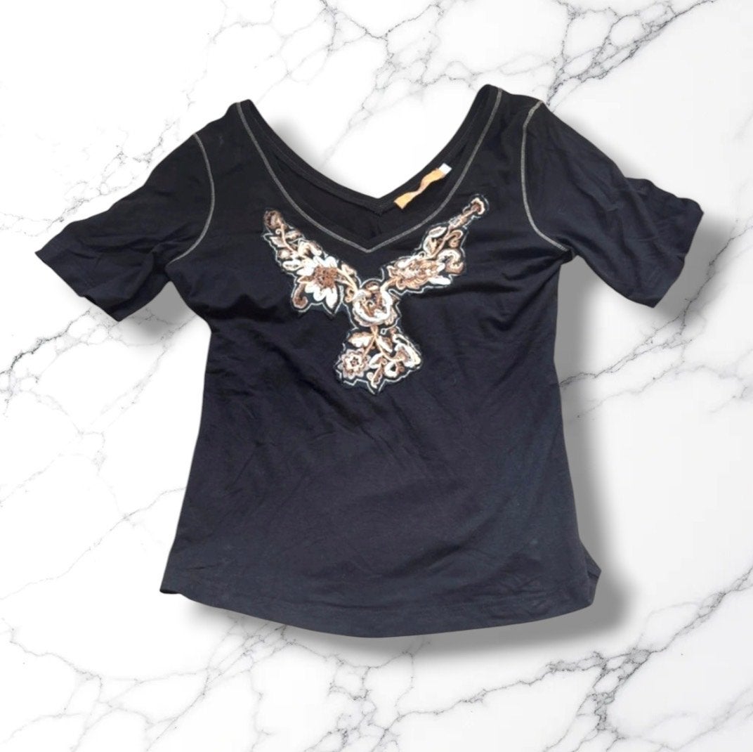 Biba Zwart T-shirt met geborduurde bloemen Maat XS, Zwart, Ophalen of Verzenden, Zo goed als nieuw, Korte mouw