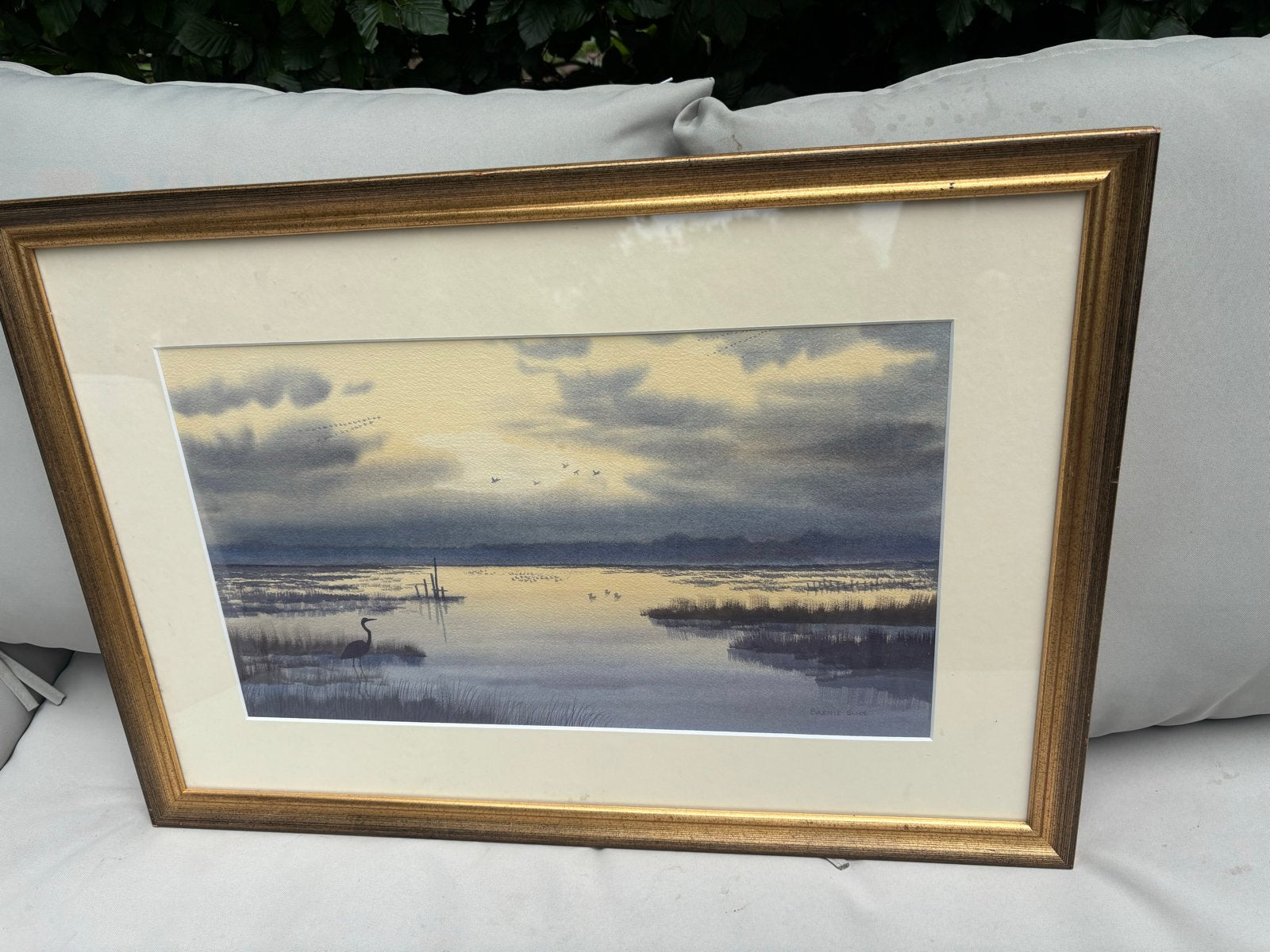 Acquarel Barnie Slice - Landschap met vogels, Antiek en Kunst, Ophalen of Verzenden, Achter glas, Aquarel, Maritiem / water