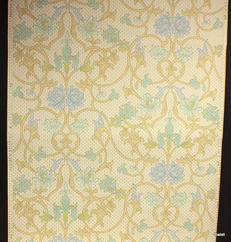8154 blauw goud behang met klassiek florale lijnen swiet, Ophalen of Verzenden, Bruin
