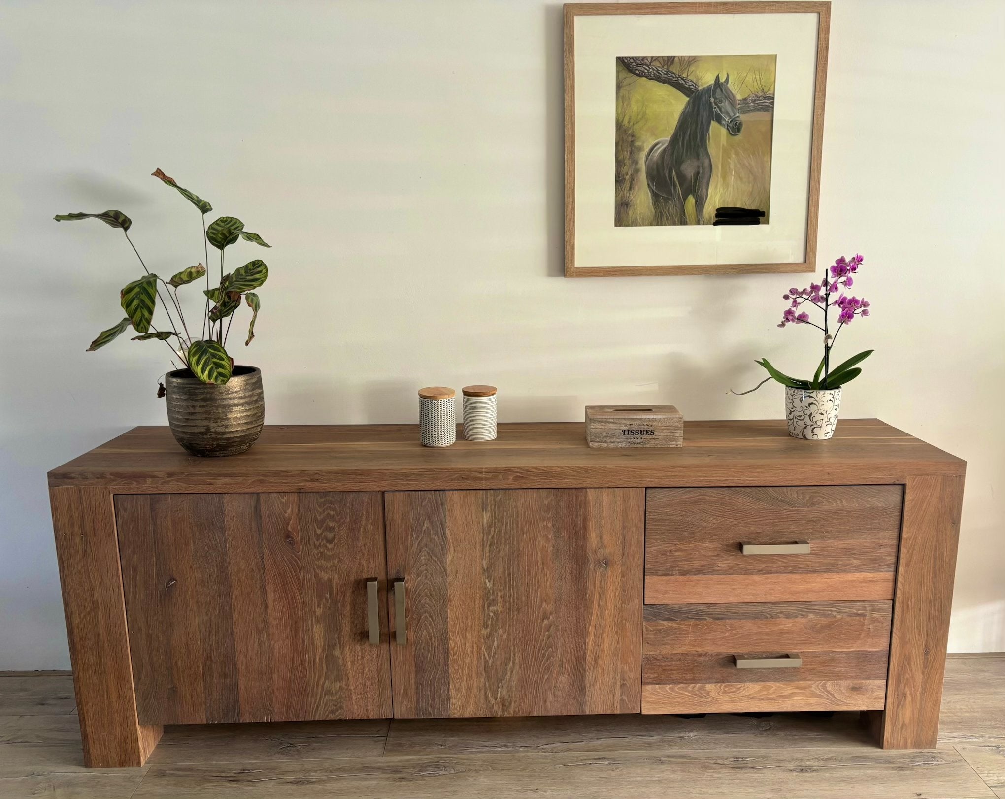Massief eiken dressoir met lades en deuren, Ophalen, 150 tot 200 cm, Eikenhout, Zo goed als nieuw