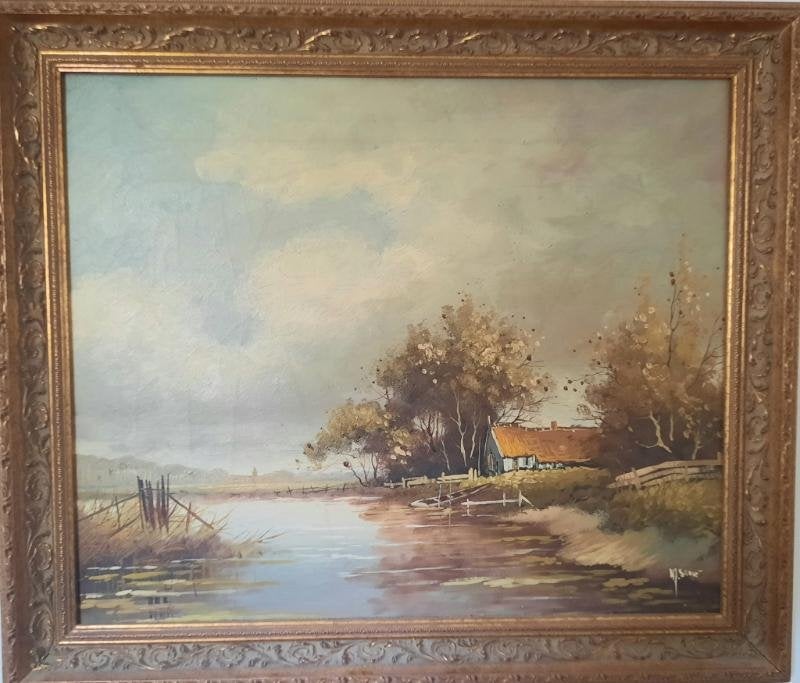 Olieverf schilderij op doek boerderij N.J Sané,Nr 2, Ophalen, Gebruikt, Oorspronkelijke maker, Schilderij