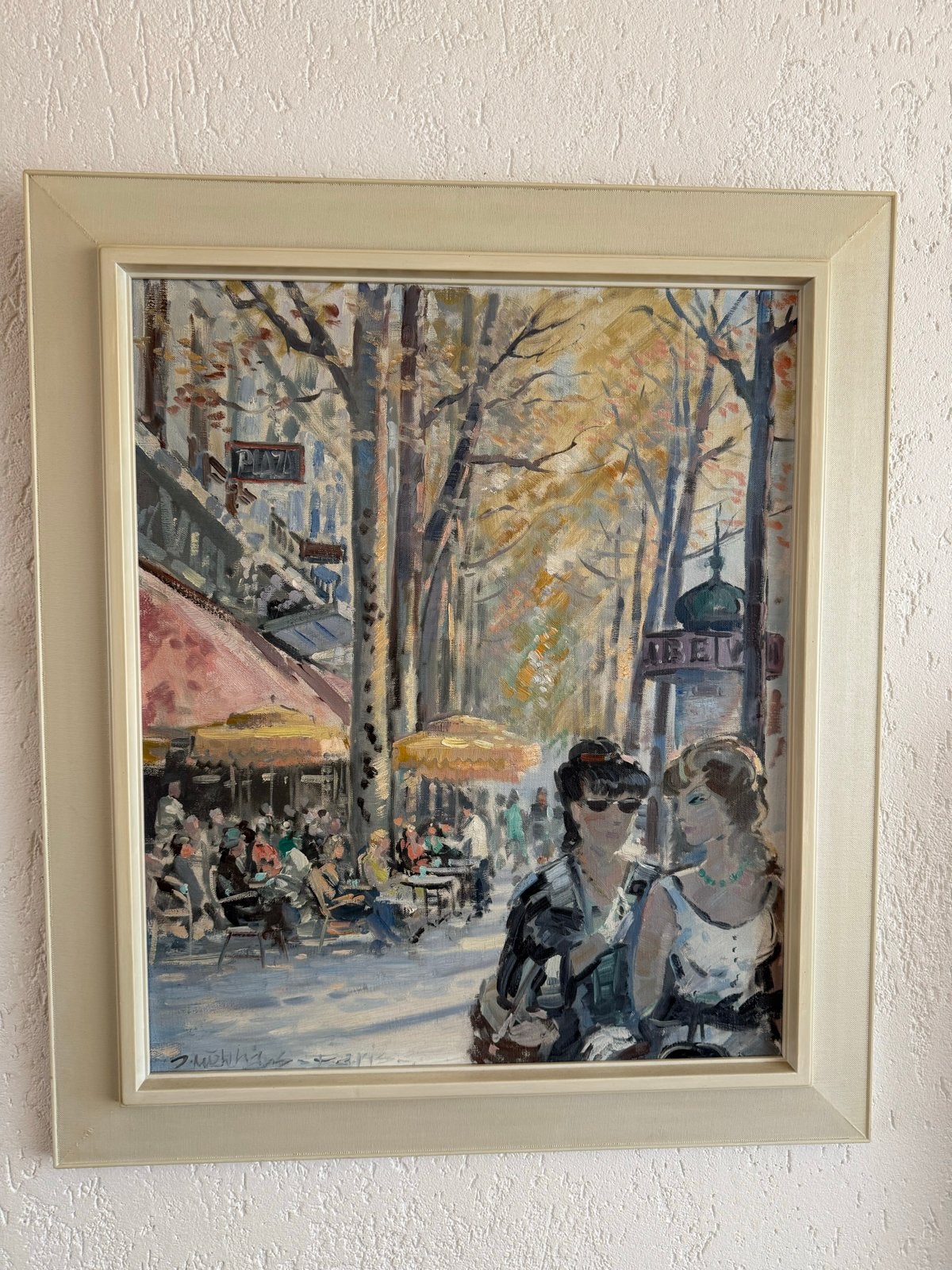 Stadsgezicht Parijs met terras en figuren, olieverf, Antiek en Kunst, Kunst | Schilderijen | Klassiek, Doek, Realistisch, Ophalen of Verzenden