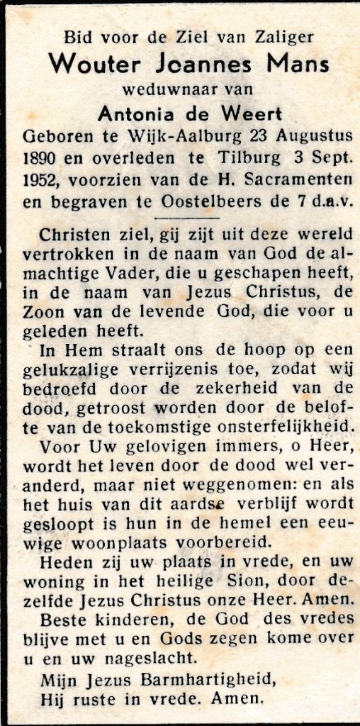 Mans Wouter 1890 Wijk Aalburg 1952 Tilburg, Ophalen of Verzenden, Bidprentje