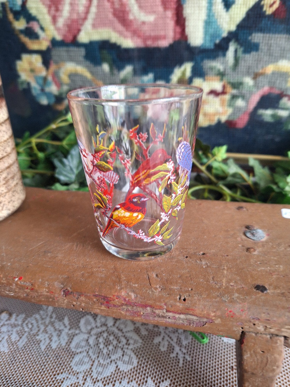 Vintage glas met Zangvogels, limonade glaasje vogels 70's, Ophalen of Verzenden