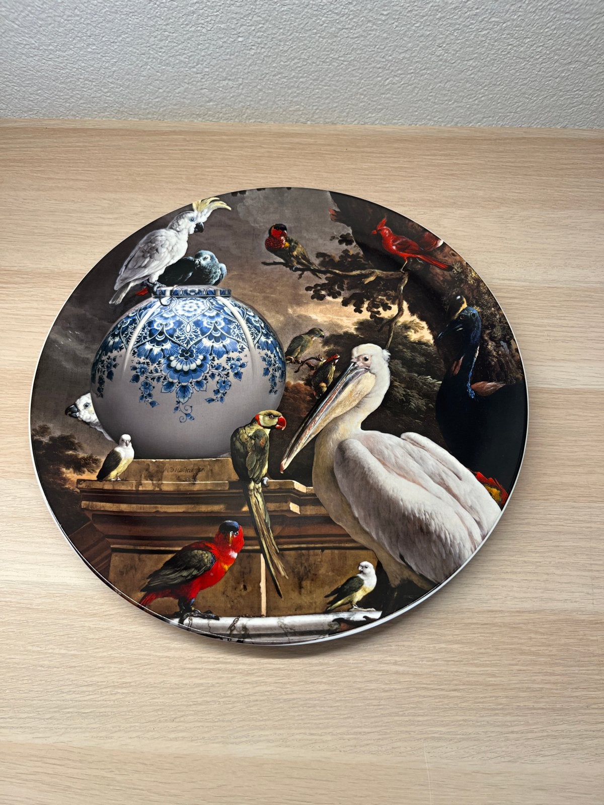 Heinen Delfts Blauw sierbord met vogels en vaas, Ophalen