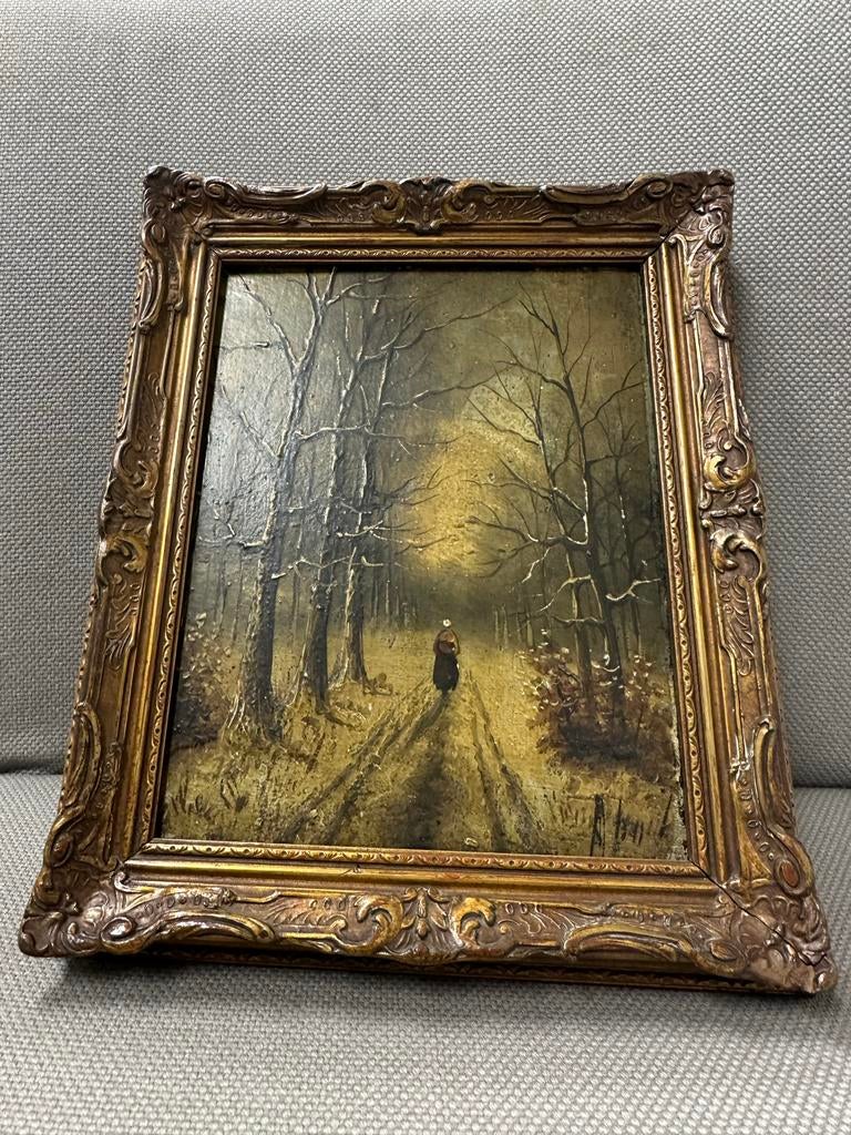 Oud schilderij: Vrouw op bospad in winterlandschap, Antiek en Kunst, Ophalen of Verzenden