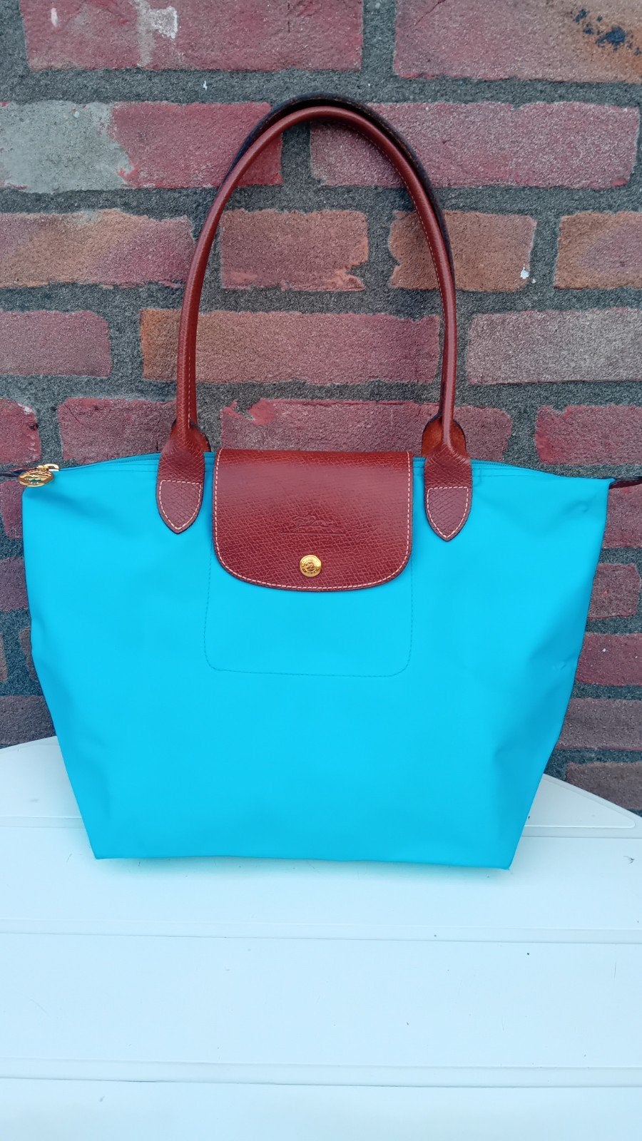 Aqua Longchamp Le Pliage tas "Shopping", lang hengsel, zomer, Ophalen of Verzenden, Gebruikt, Blauw, Handtas