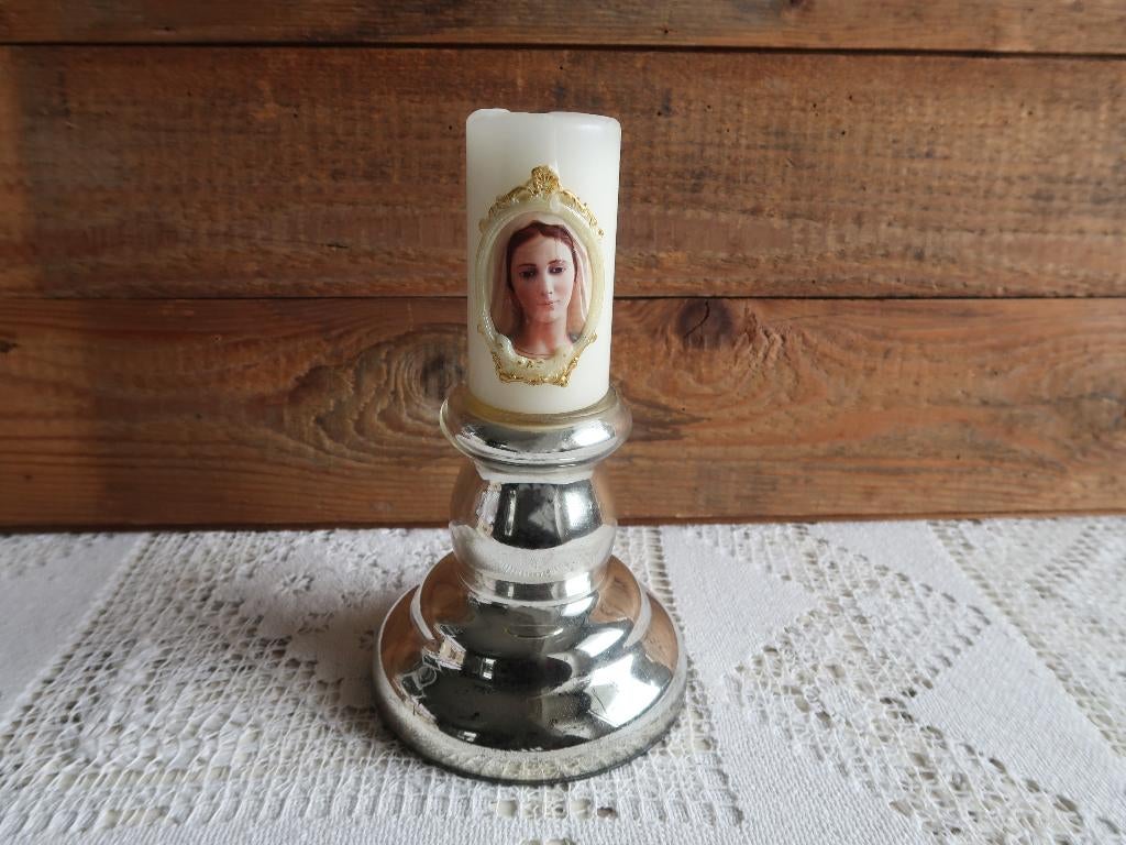 Maria kaars + zilverglas kandelaar armeluis boeren zilver, Ophalen of Verzenden