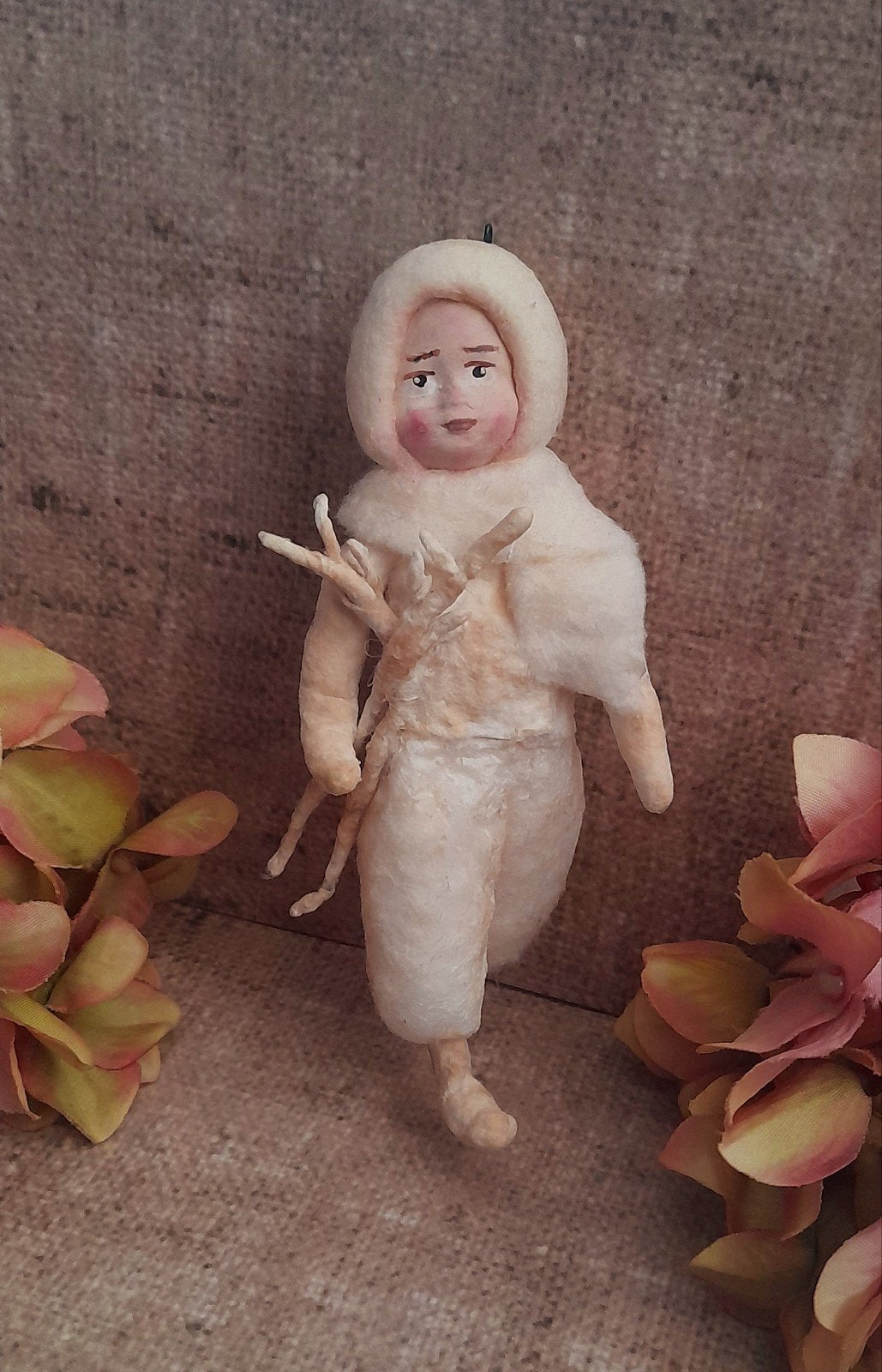 Brocante wattenpopje met takjes Spun cotton feathertree, Antiek en Kunst, Ophalen of Verzenden