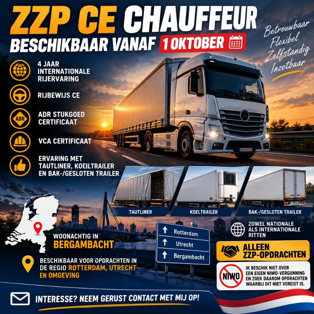 ZZP CE Chauffeur beschikbaar vanaf 1 oktober, Overige uren, MBO, Vanaf 3 jaar, Freelance of Uitzendbasis