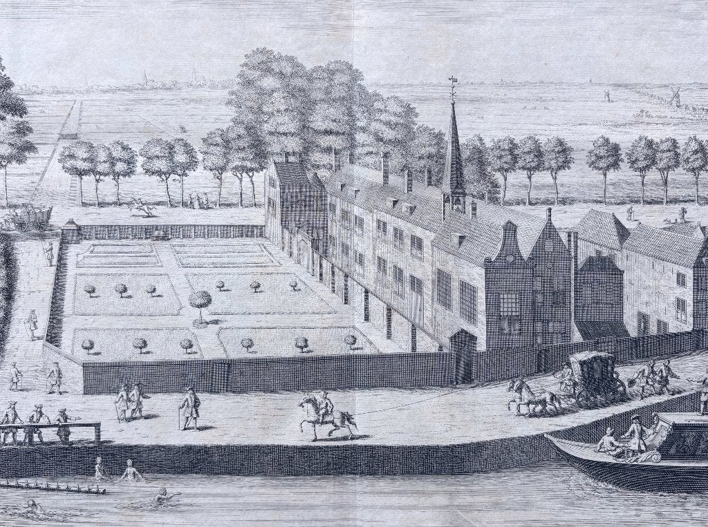 (ca. 1730) ’t Leproos-Huis, Den Haag – Reinier Boitet, Antiek en Kunst, Verzenden, Stadsgezicht, 29 cm, 35 cm
