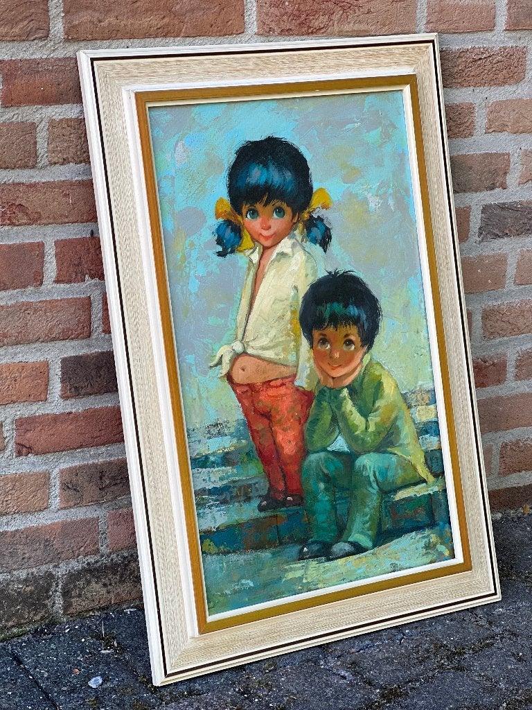 Vintage "grote ogen" schilderij – jongen en meisje op trap, Ophalen, Ingelijst, Olieverf, Figuren