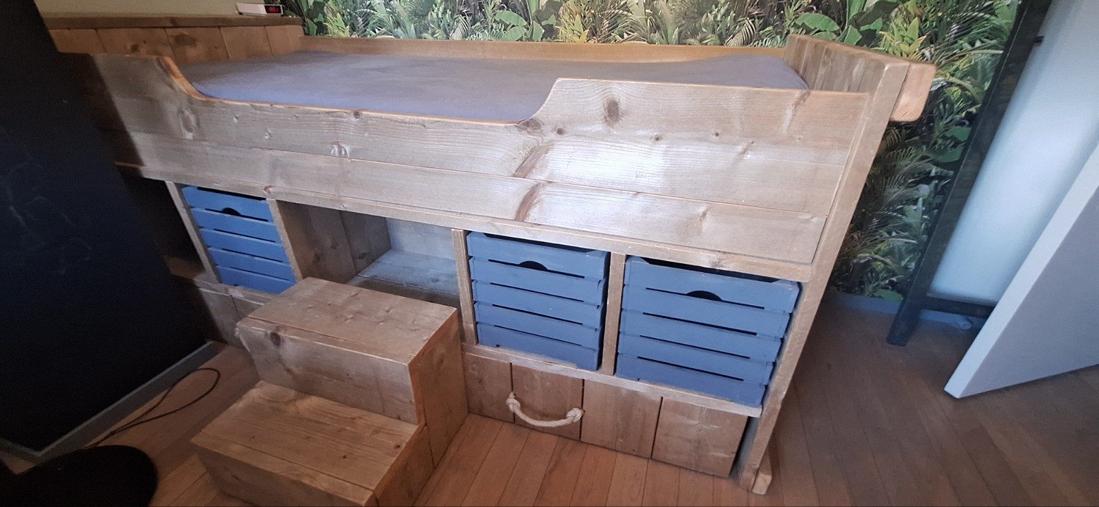 bed, Halfhoogslaper met matras, lattenbodem en opbergbakken, Ophalen, Hoogslaper of Stapelbed, 180 cm of meer, 100 cm of meer