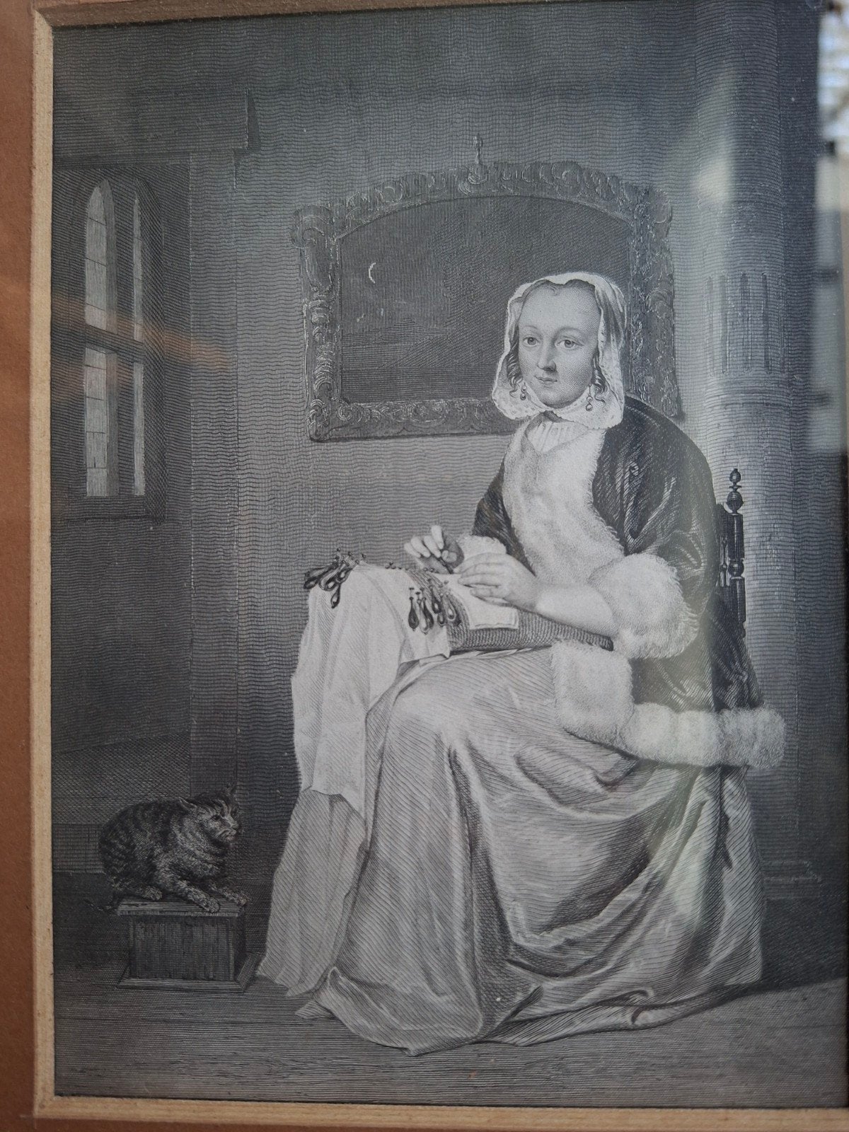 19e-eeuwse gravure 'De Kantwerkster' naar Gabriël Metsu, Ophalen of Verzenden
