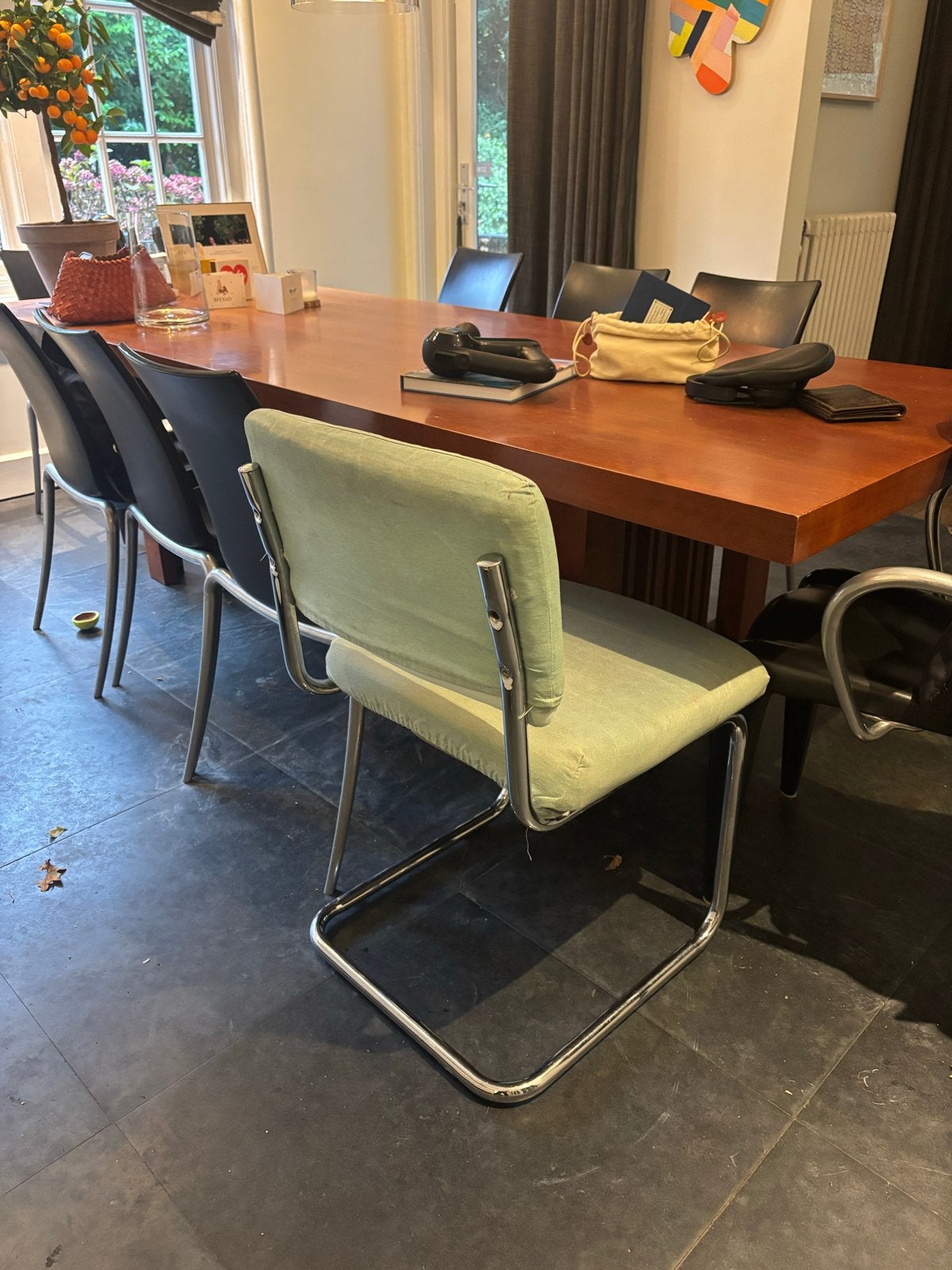 Blauwe stoelen met chromen frame - 6 stuks, Ophalen, Gebruikt, Overige kleuren, Metaal