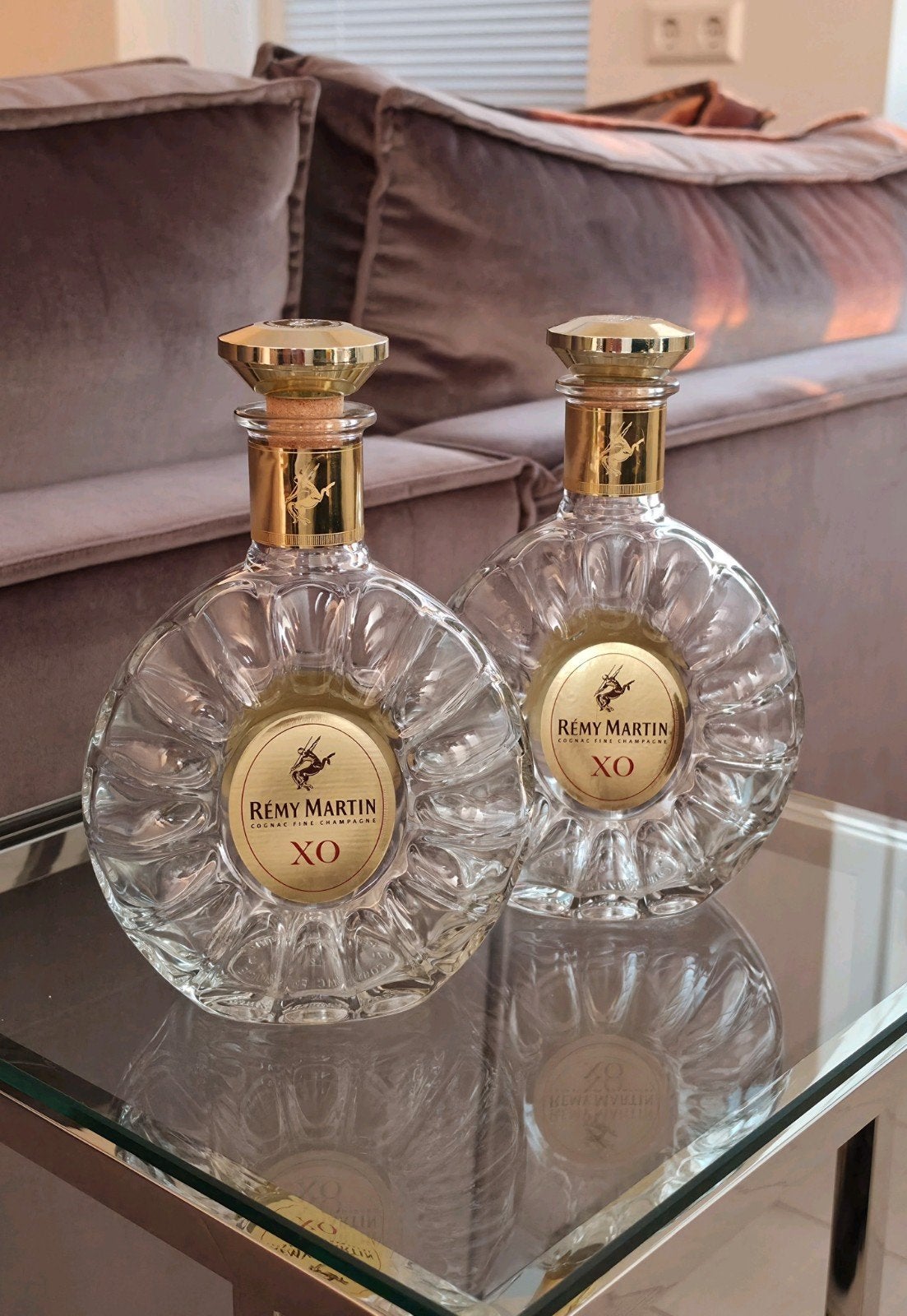 Lege Remy Martin XO Cognac flessen (2 stuks), Ophalen of Verzenden, Zo goed als nieuw, Goud, Glas