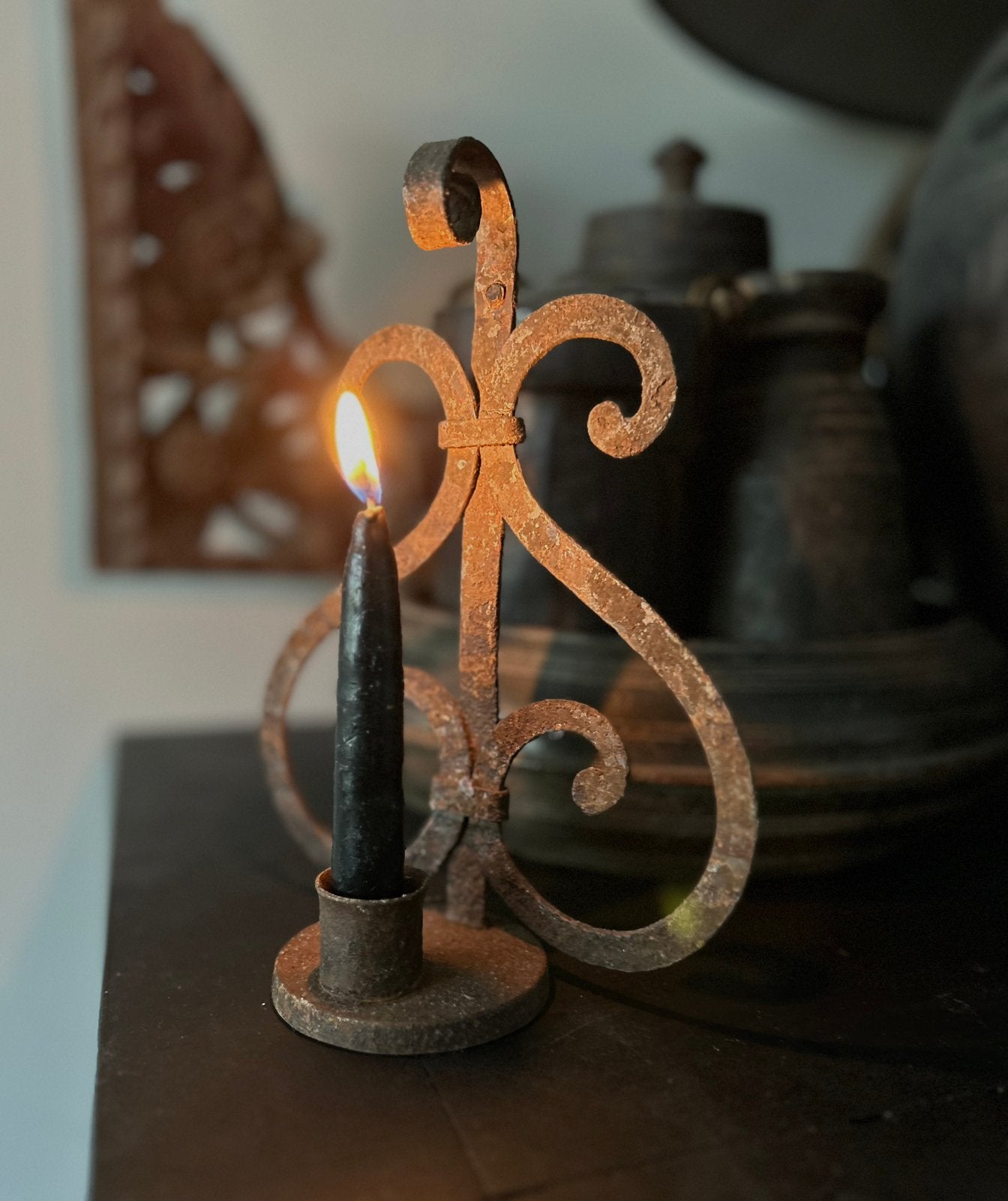 Kandelaar van oud ijzer sober roest landelijk Brocante, Ophalen of Verzenden
