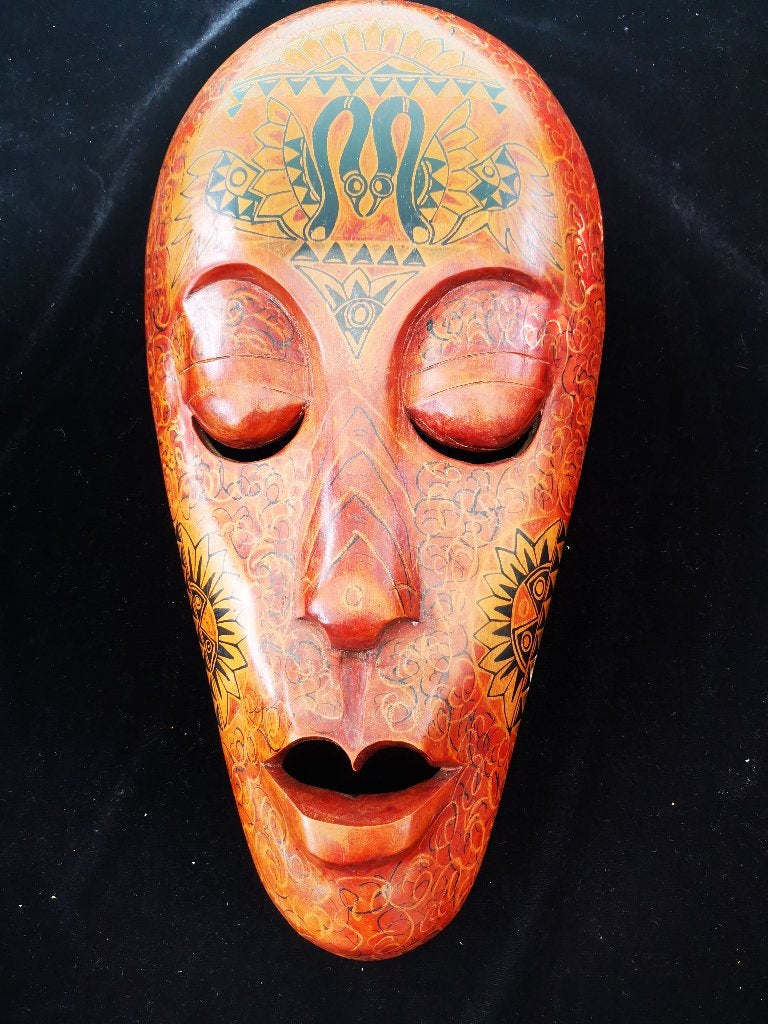 vintage Handbeschilderd masker Bali batik boho interieur, Antiek en Kunst, Ophalen of Verzenden, Houtsnijwerk