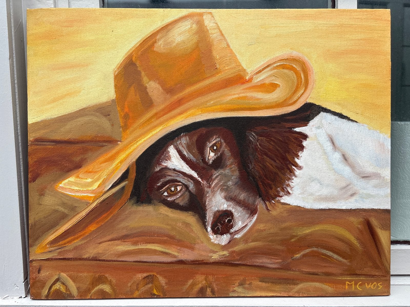 Olieverf Engelse Springer Spaniël met hoed 40x50 cm, Antiek en Kunst, Ophalen