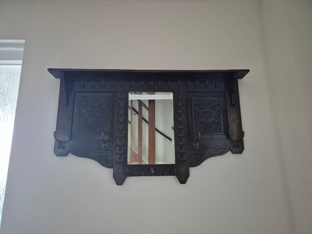 Antieke houtsnijwerk wandkapstok met spiegel, Zo goed als nieuw, Minder dan 100 cm, Hout, Ophalen