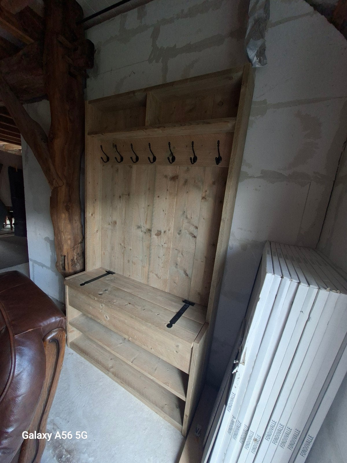 Houten kapstok met bankje en opbergruimte, Gebruikt, 150 tot 200 cm, Hout, Ophalen