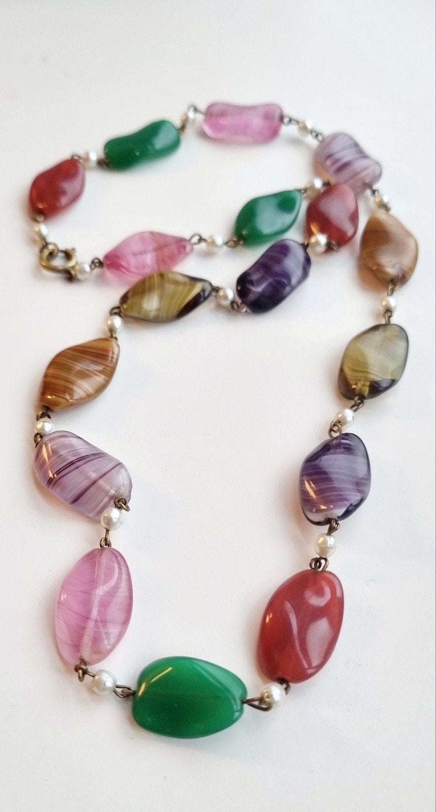 Vintage faux agaat glazen kralenketting met faux parels, Ophalen of Verzenden, Steen of Mineraal