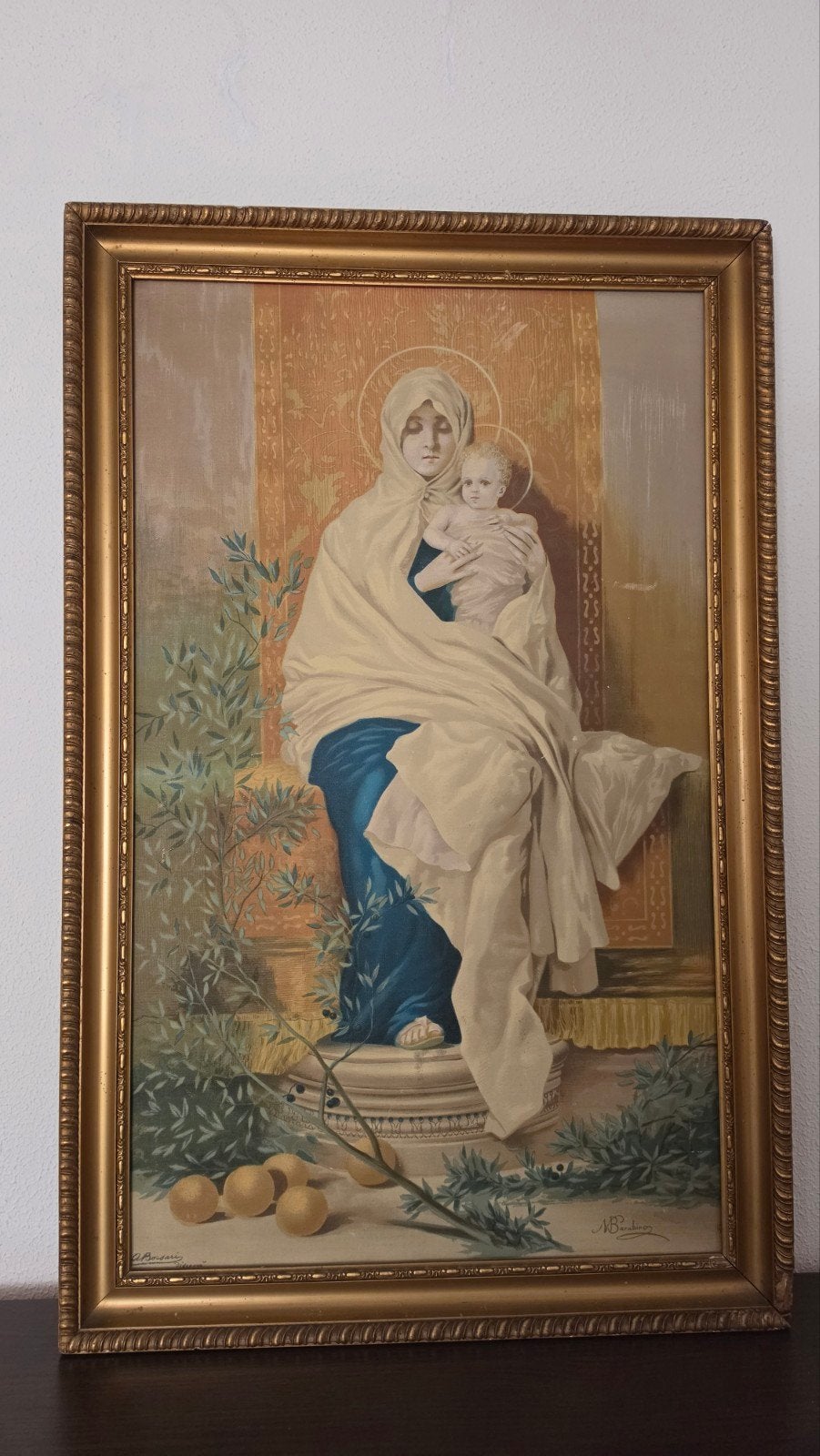 Antiek Schilderij: Madonna met Kind - Gesigneerd Barabino, Ophalen, Doek, Portret of Personen, Klassiek
