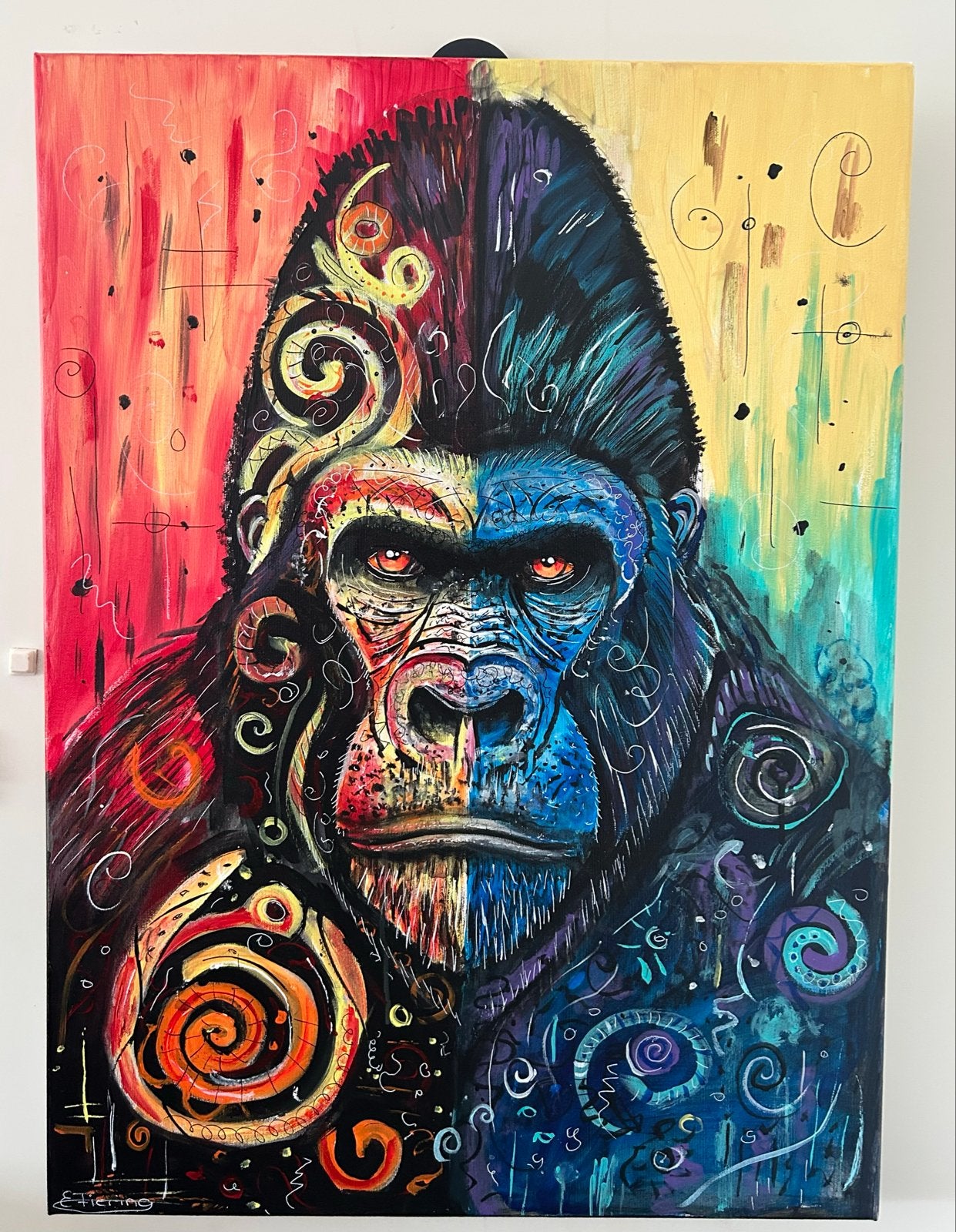 Kleurrijk originele Gorilla Schilderij - Acrylverf op Canvas, Acrylverf, Dieren, Textiel, Gelakt/vernis
