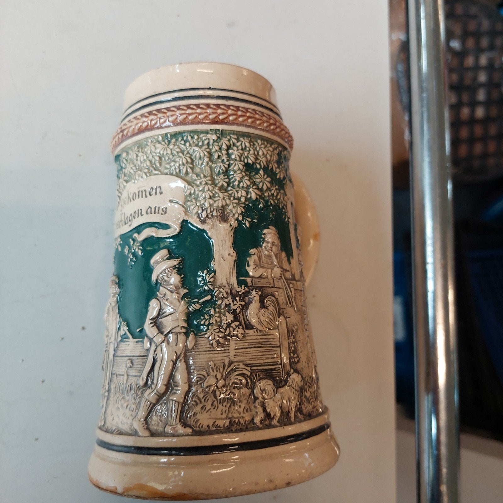 Vintage Duitse Bierpul met Reliëf en Tekst, Antiek en Kunst, Ophalen of Verzenden