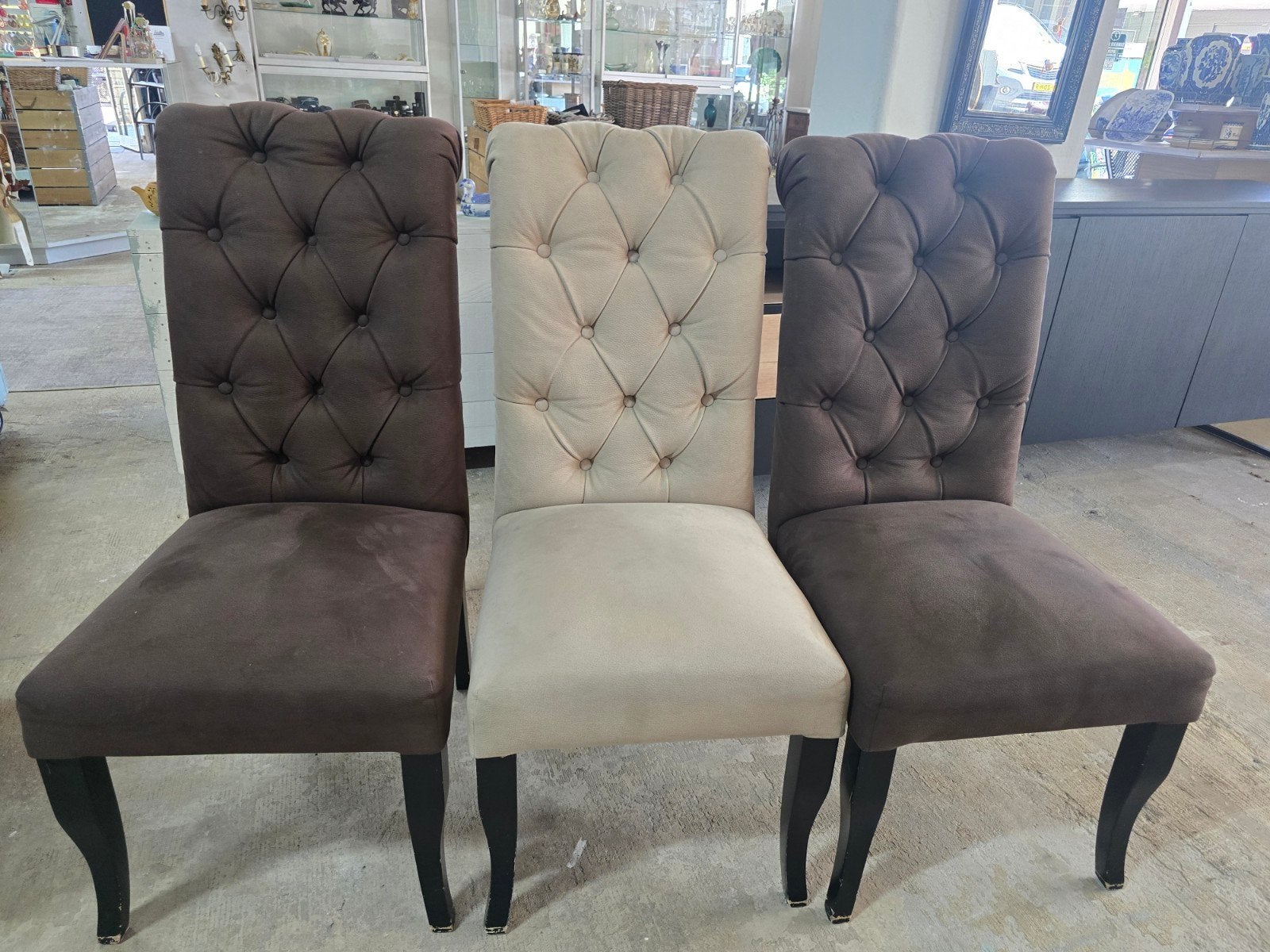 6 Dubbelman Design eetkamerstoelen - Bruin en Beige, Gebruikt, Bruin, Klassiek, Luxe, Gestoffeerd, Onbekend
