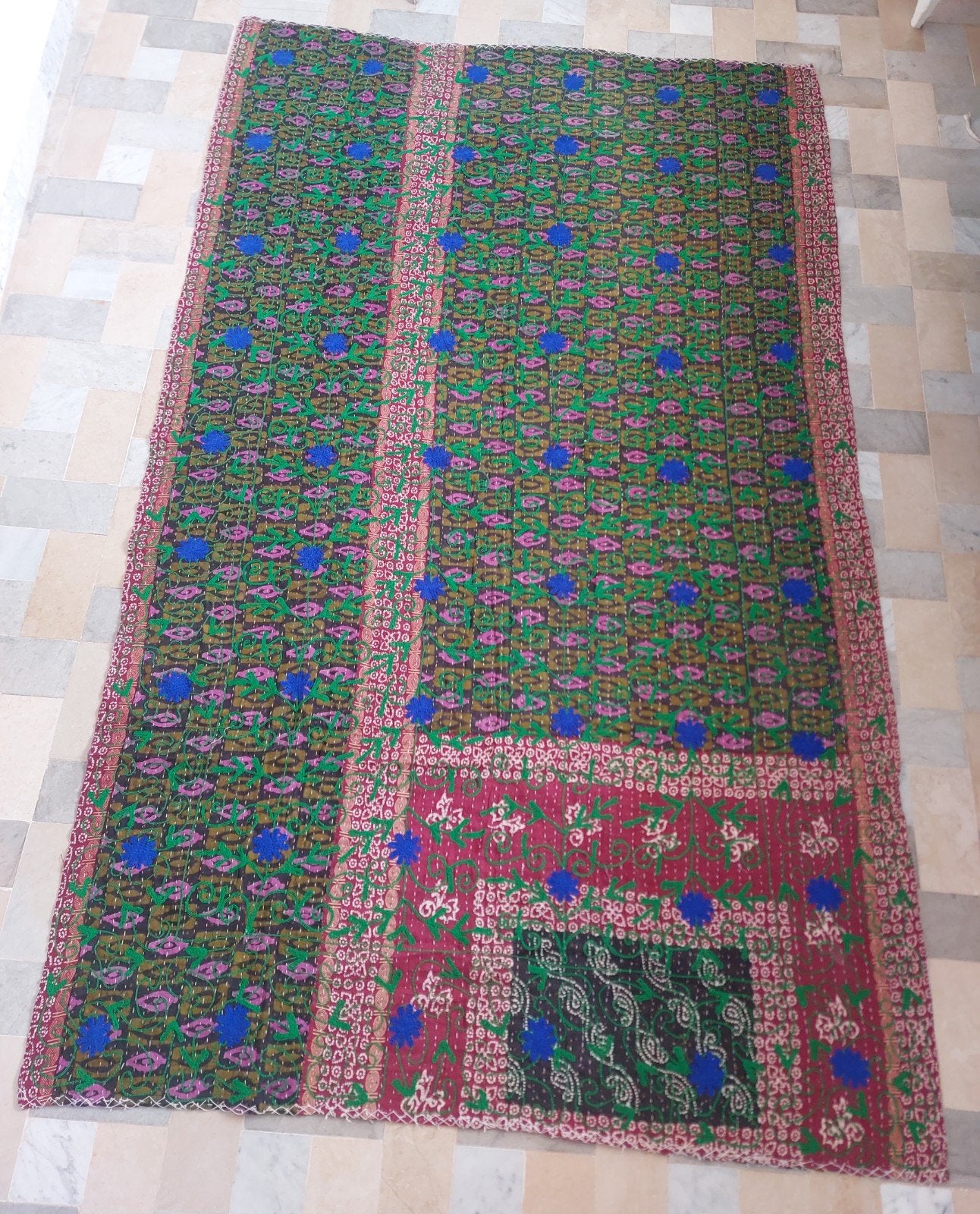 Prachtige eenpersoons Kantha Suzani sprei uit India, Katoen, 135 cm, Verzenden, Handgemaakt