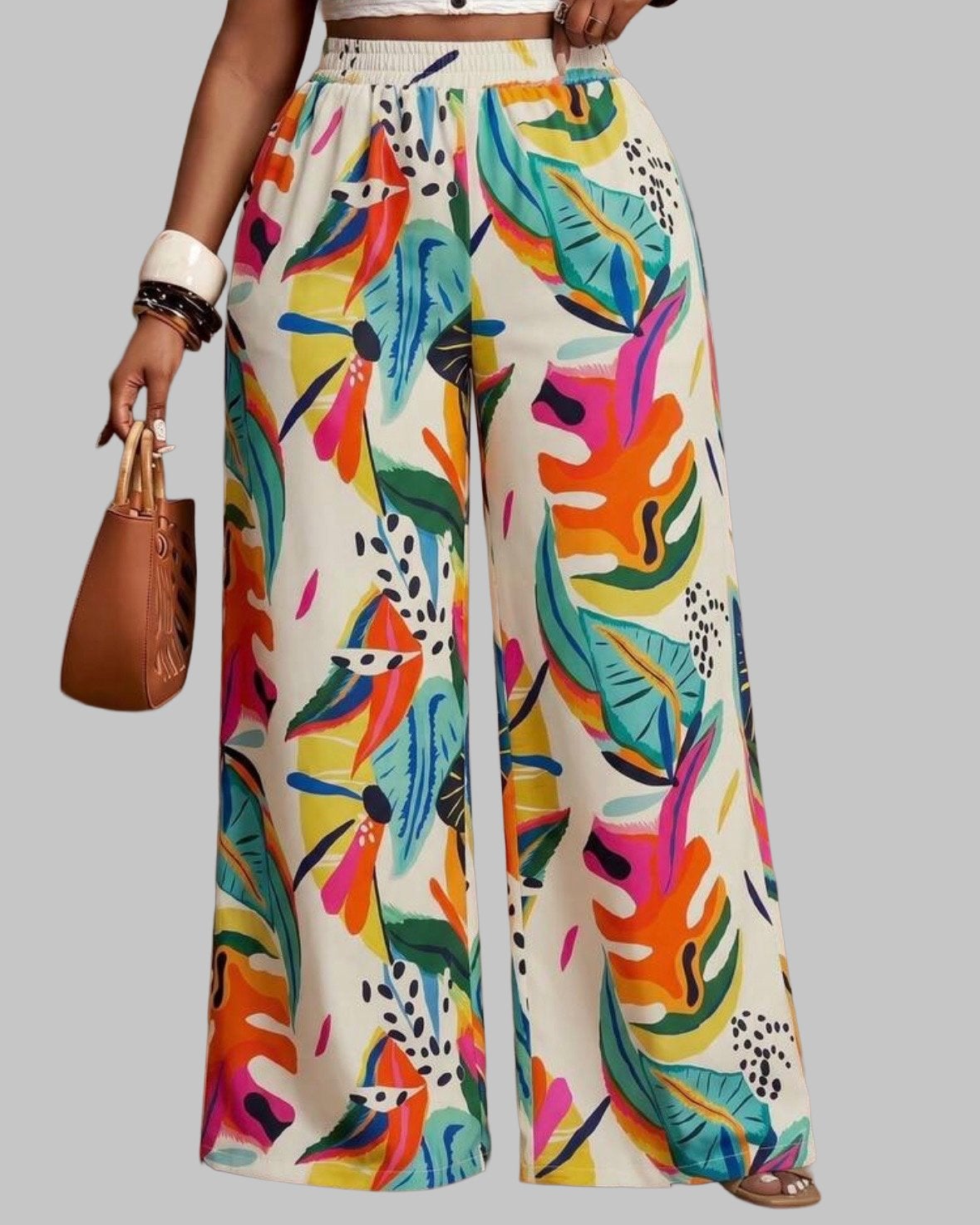 wijde broek met tropische print (44-52), Kleding | Dames, Grote Maten, Verzenden, Nieuw, Meerkleurig, Broek of Spijkerbroek