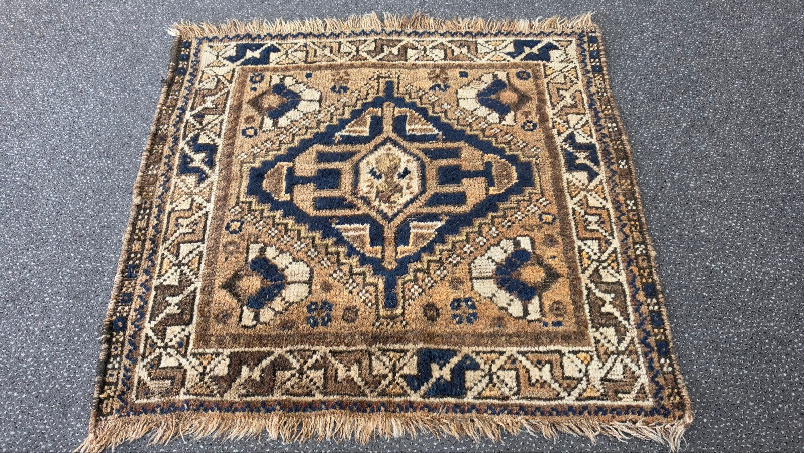 Antiek Persian wol nomaden tapijt vierkant vintage 70x80cm, 50 tot 100 cm, Vierkant, Bruin, Gebruikt