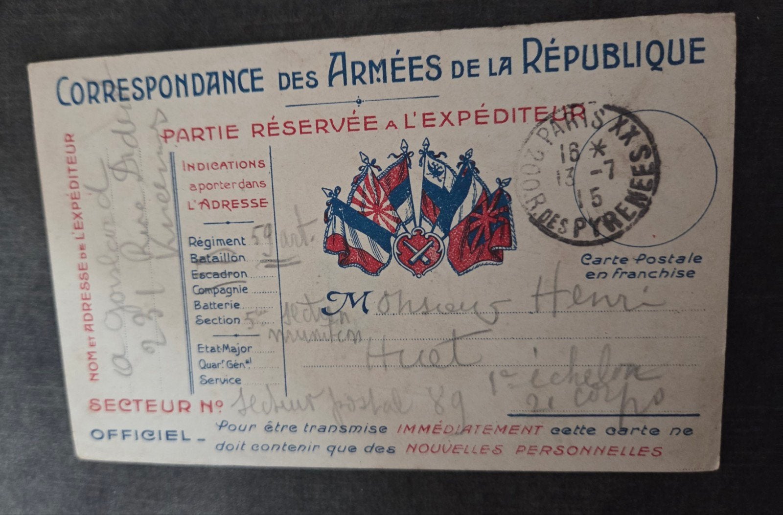 WOI - Correspondance des Armées de la Républ, Verzenden, Voor 1920, Gelopen, Politiek en Historie
