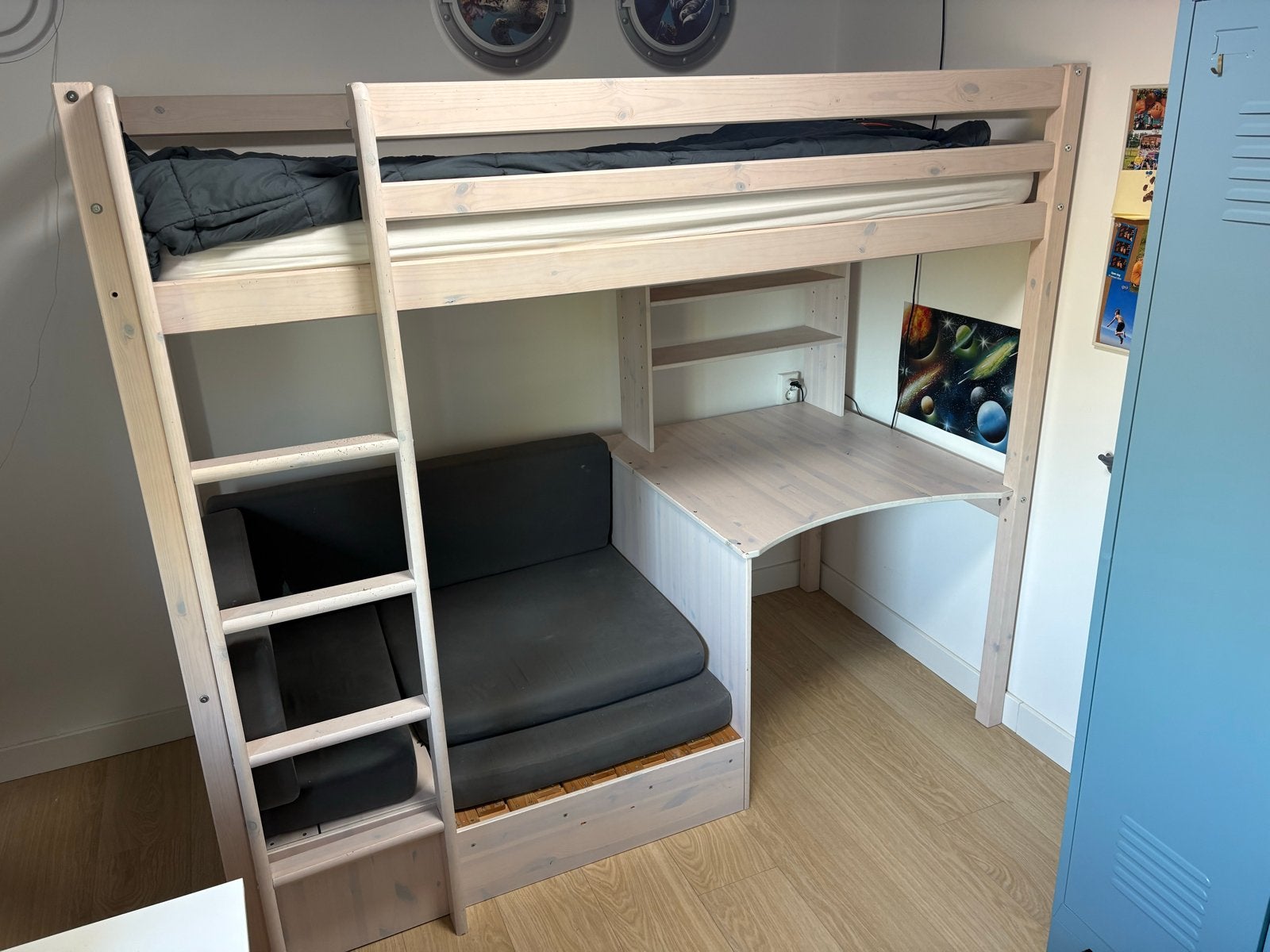 Hoogslaper Flexa Thuja met bureau, zithoek en logeerbed, Ophalen, Hoogslaper, Eenpersoons, 210 cm