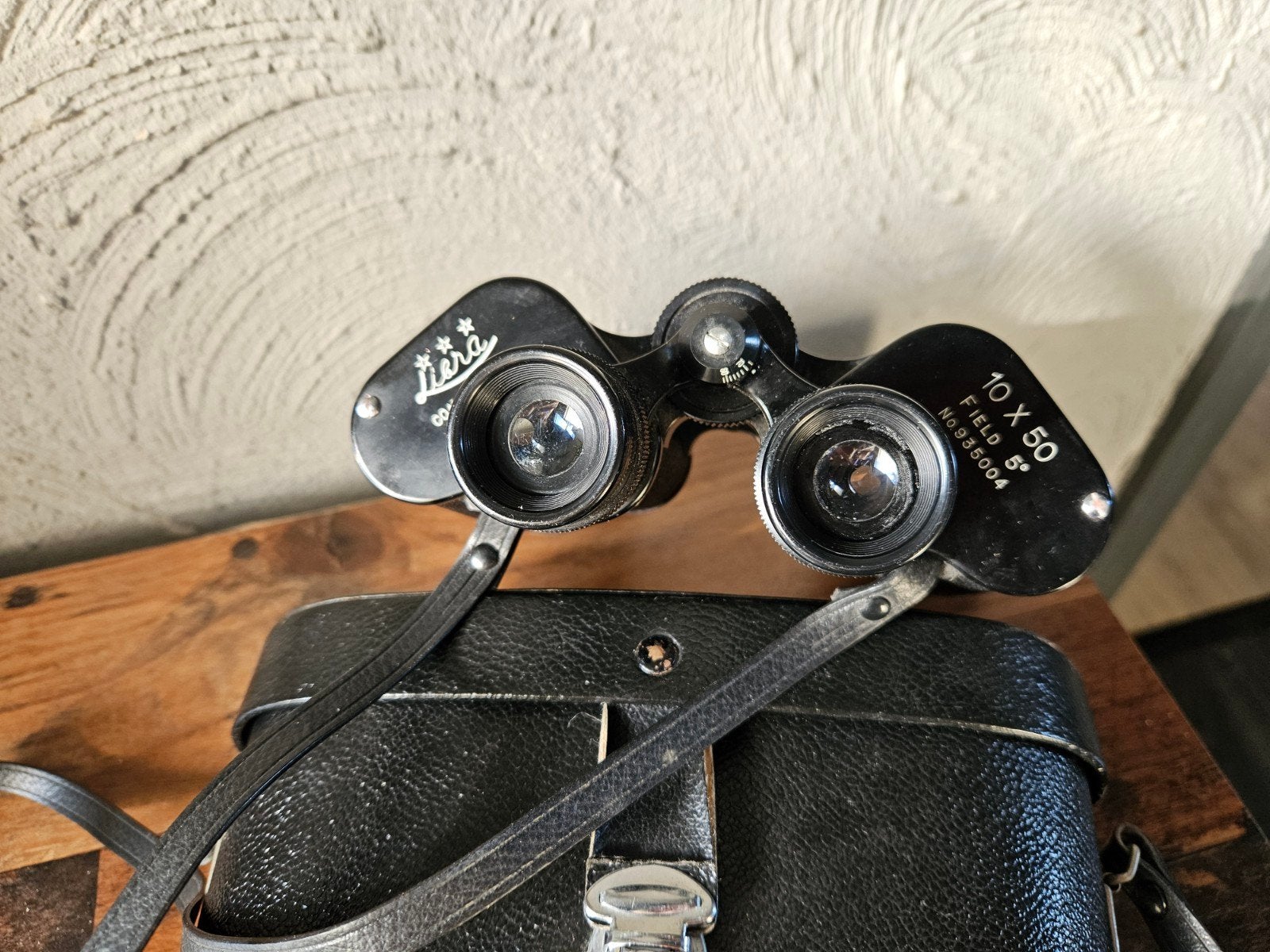 Vintage Liara 10x50 verrekijker met leren tas, Ophalen of Verzenden, Gebruikt, 8 tot 12x