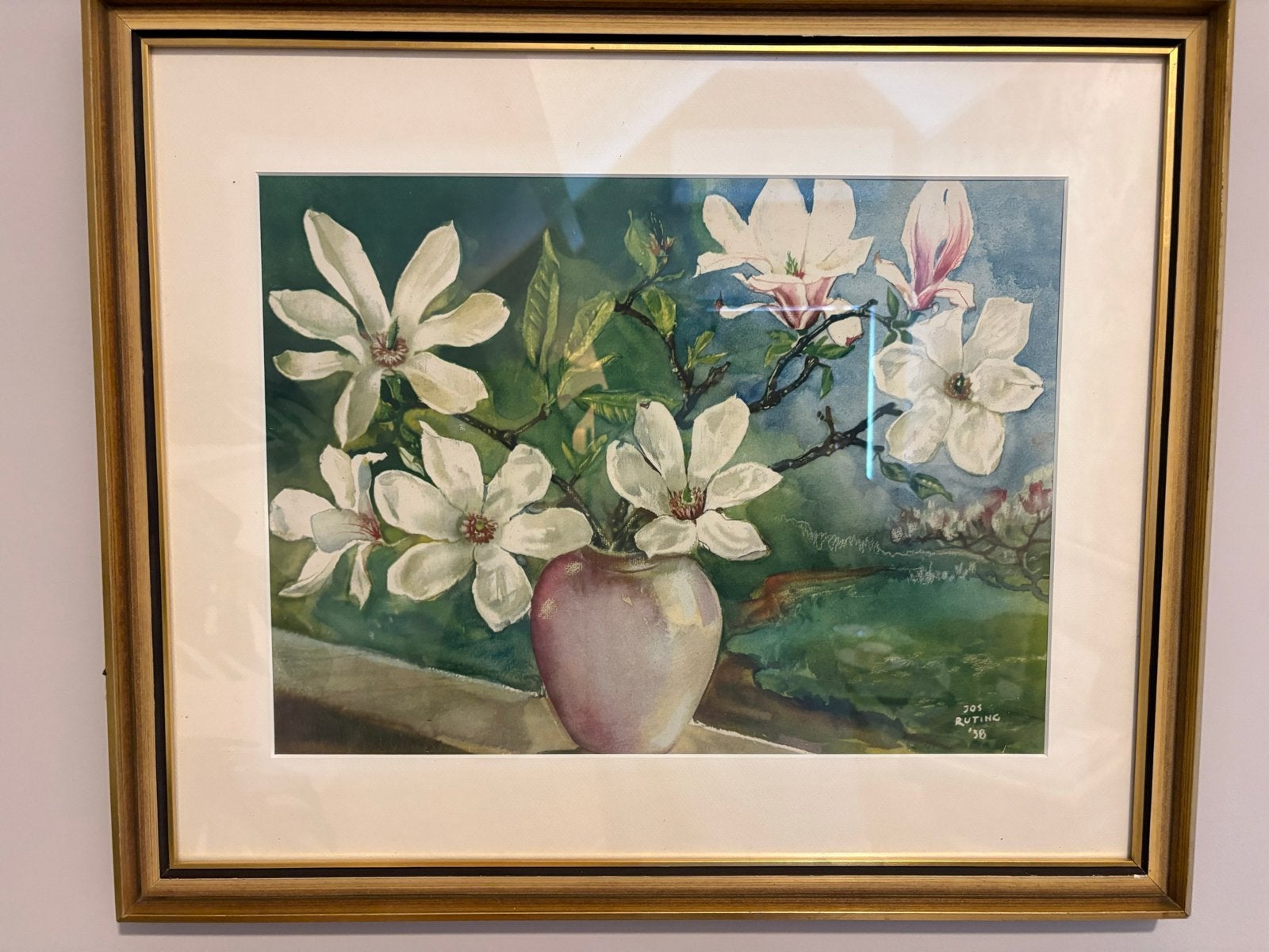 Aquarel van Jos Ruting, 1938 - Magnoliabloesem in vaas, Antiek en Kunst, Kunst | Schilderijen | Klassiek, Ophalen of Verzenden