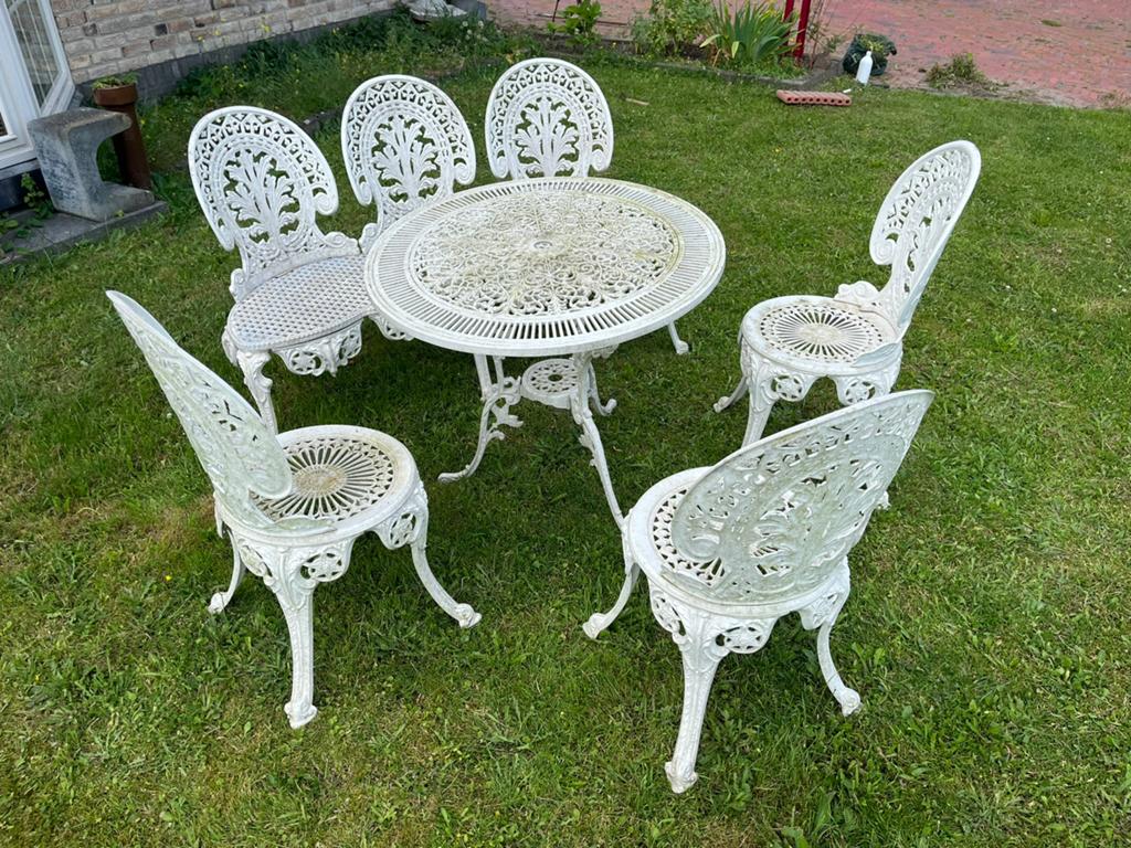 Complete Franse tuinset met bank en 3 stoelen, Ophalen, Overige materialen, Gebruikt, 6 zitplaatsen