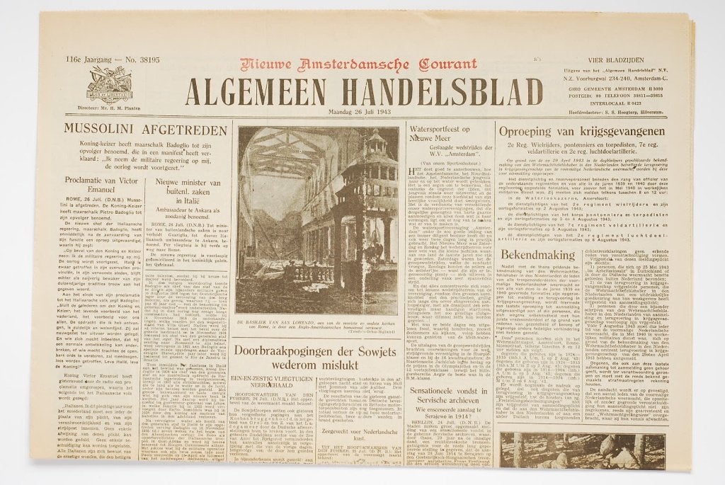 Algemeen Handelsblad 16 juli 1943 Krant WOII Heruigave, Verzamelen, Zo goed als nieuw, Verzenden, Amsterdam, Overige soorten