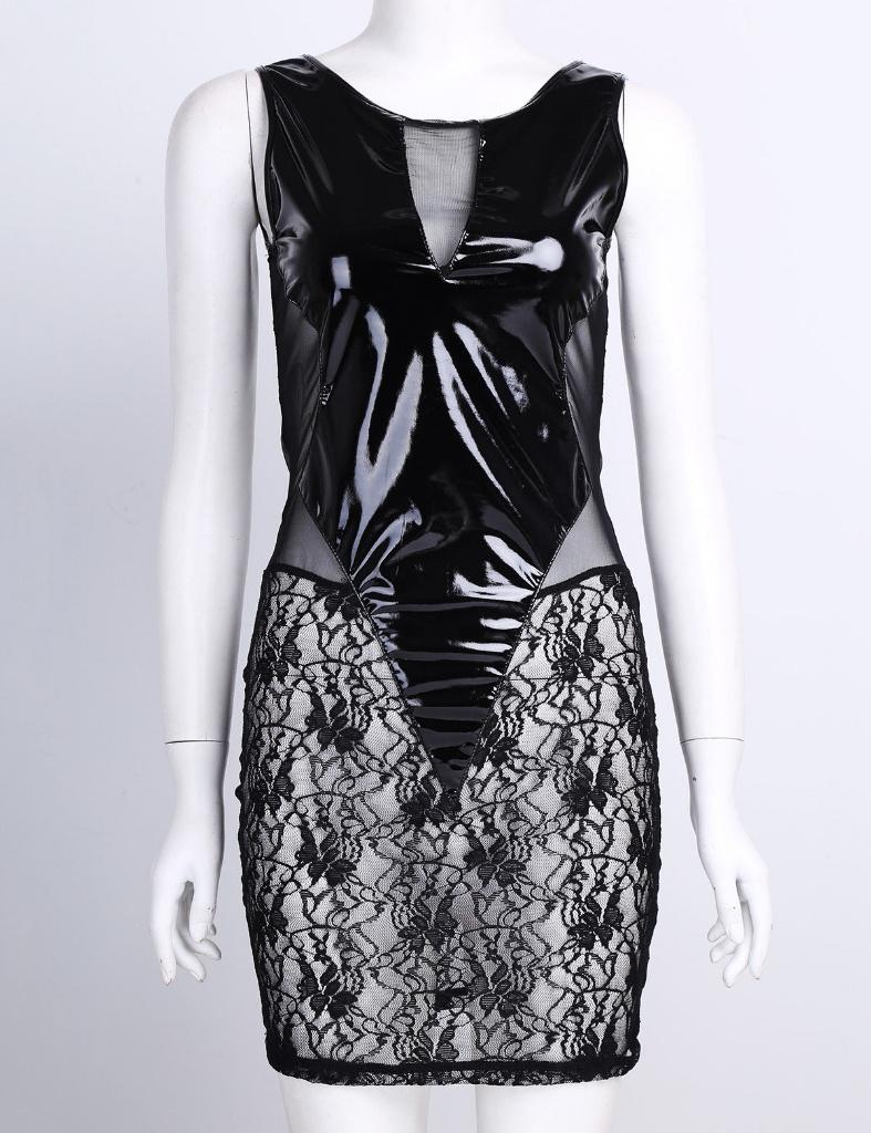 Zwarte leren kanten jurk / lak wetlook dames vrouwen, Maat 38/40 (M), Verzenden, Zwart, Nieuw