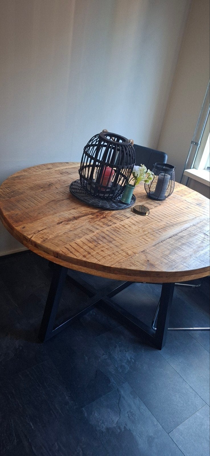 Ronde salontafel set en eettafel van mangohout en metaal, Ophalen, Gebruikt, Overige houtsoorten