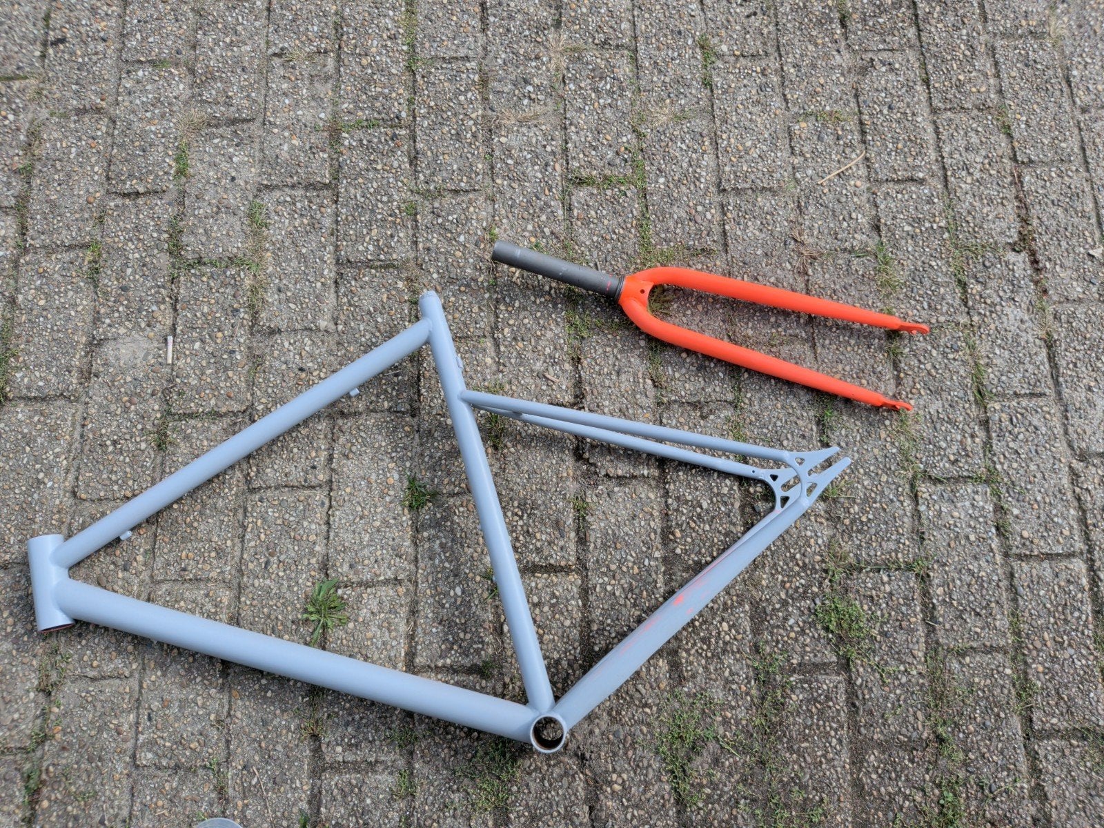 Fietsframe en voorvork - Grijs en Oranje, Ophalen, Mountainbike, Frame, Gebruikt