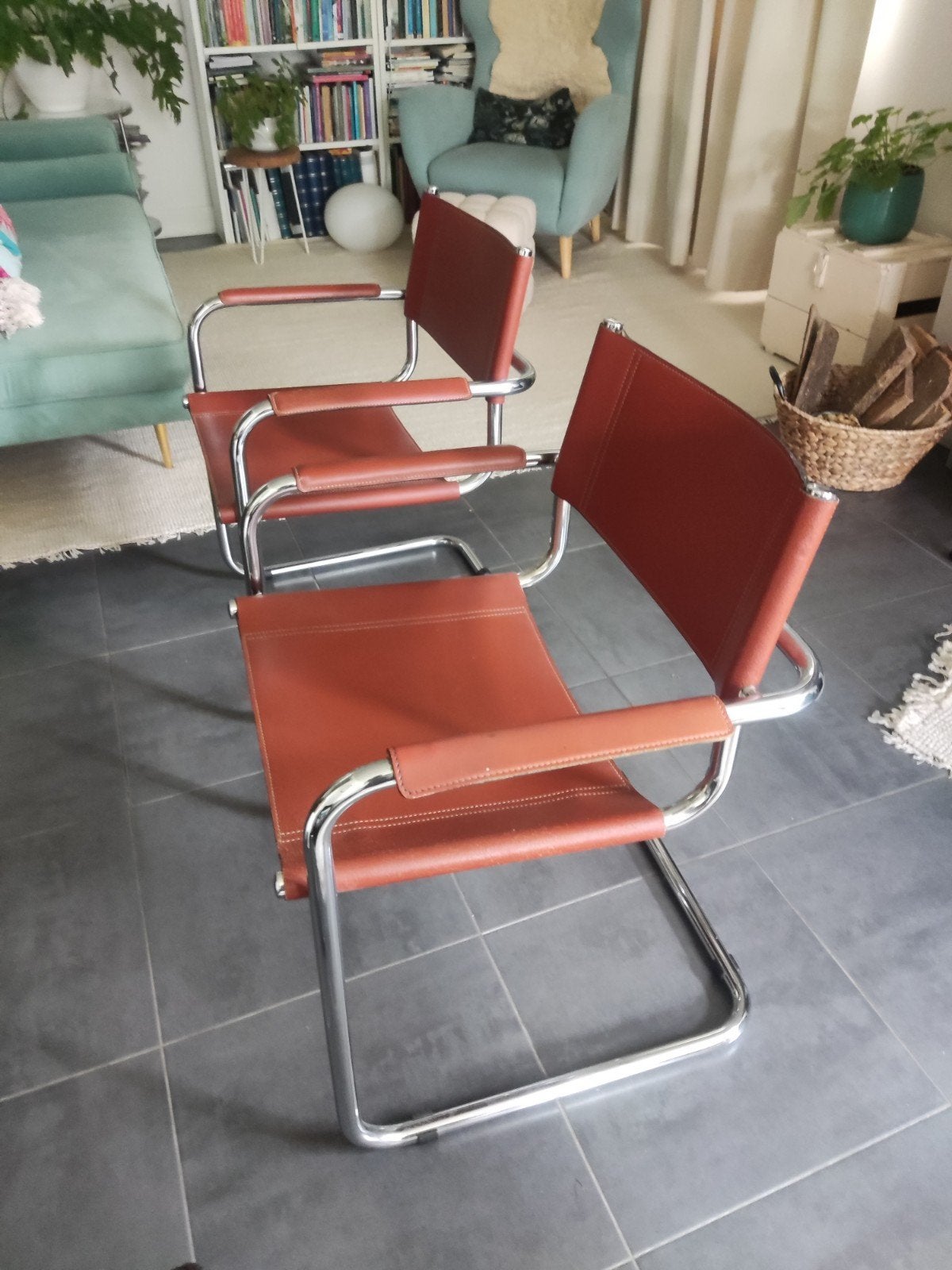 2 buisframe stoelen Max Stam, Ophalen, Bruin, Leer, Twee