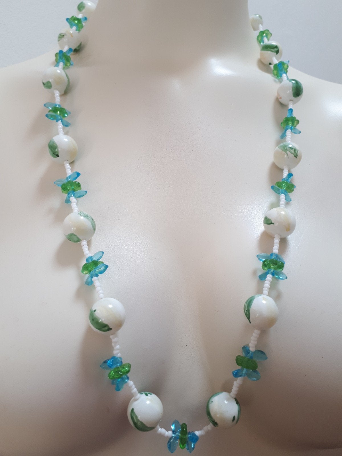 Vintage Ketting Glasblaadjes + Handbeschilderde Kralen.., Sieraden, Tassen en Uiterlijk, Antieke sieraden, Ophalen of Verzenden