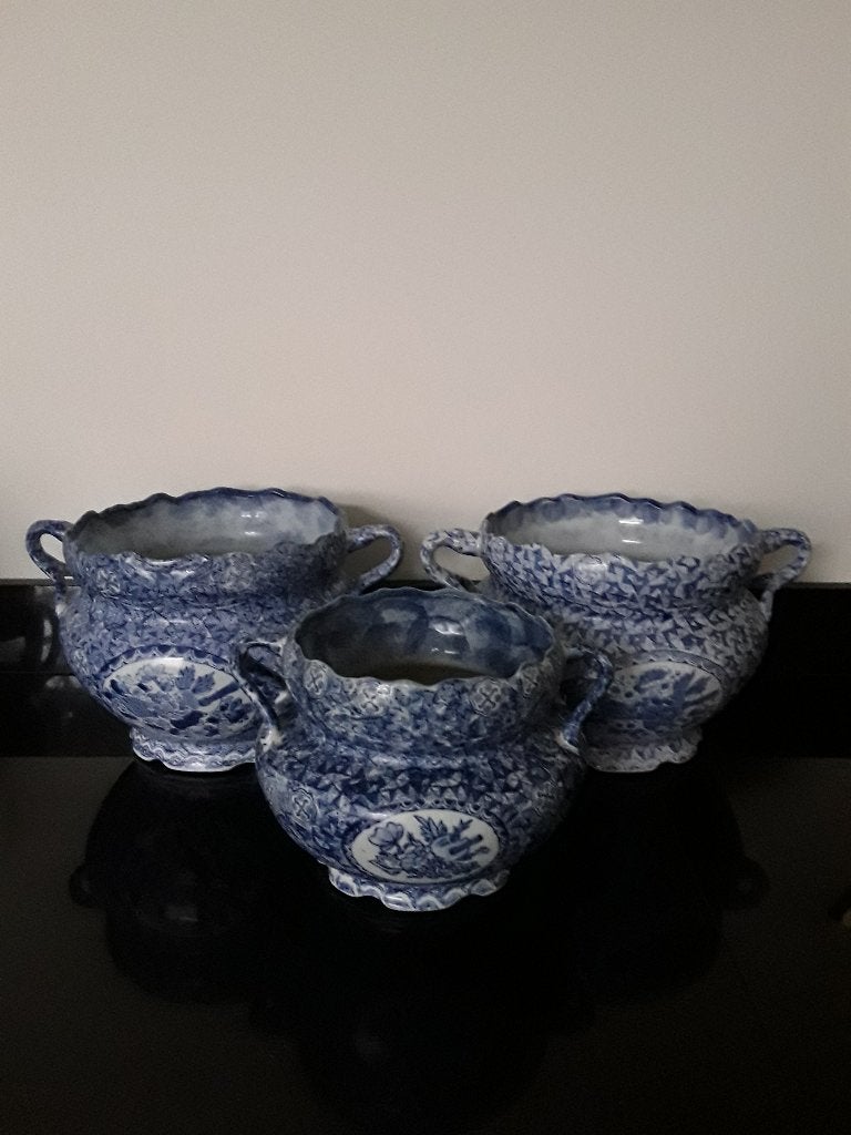 3 Antieke blauw decor porseleinen bloempotten met oren, Verzenden